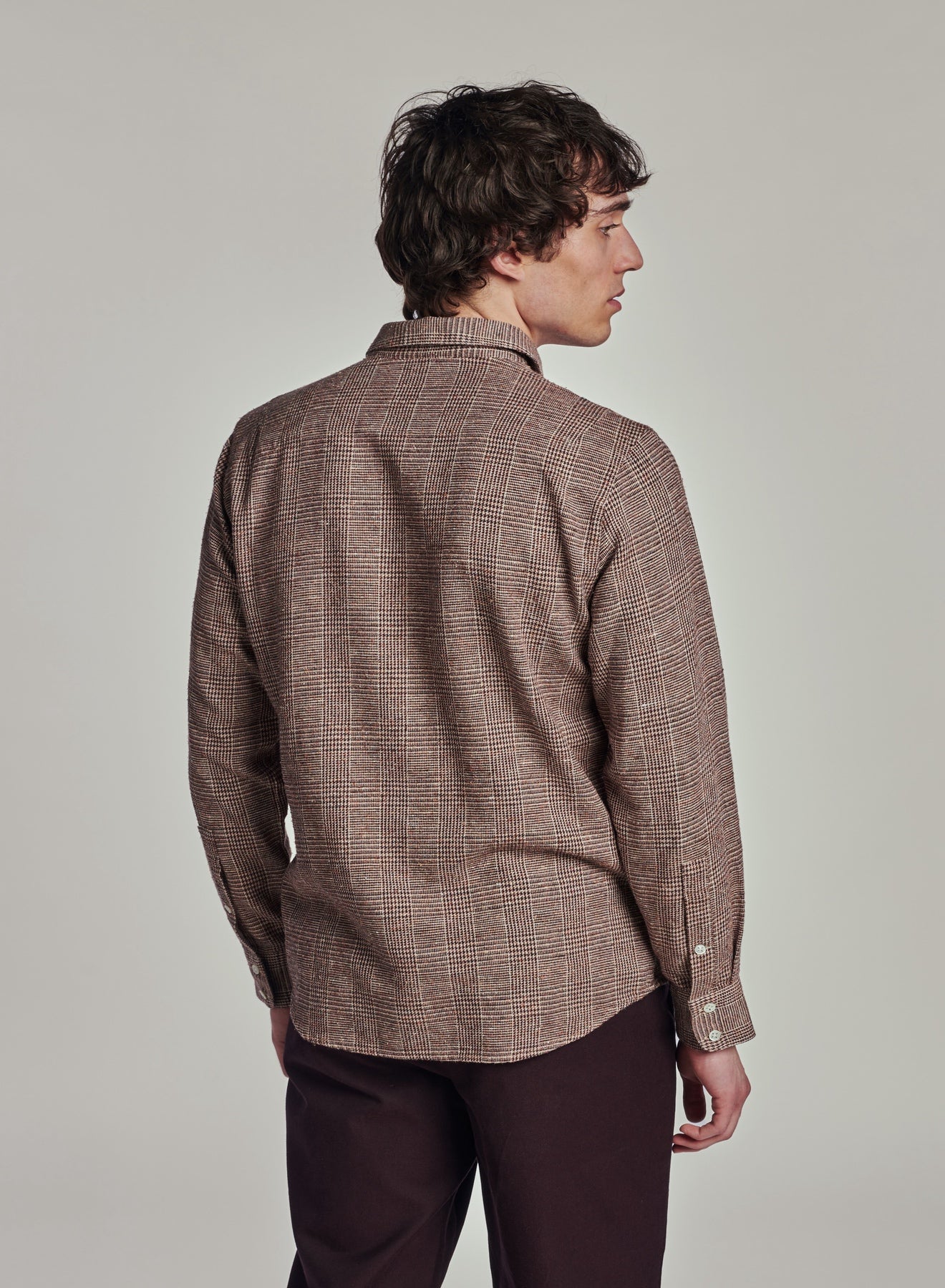 Feel Good Shirt in a Beige Brown Italian Cotton, Silk and Wool Blend with a Prince of Wales Pattern