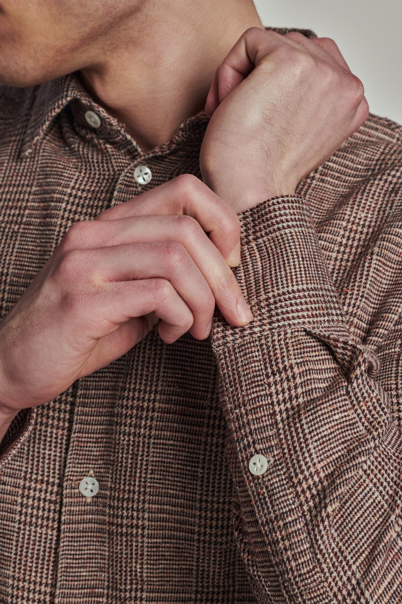 Feel Good Shirt in a Beige Brown Italian Cotton, Silk and Wool Blend with a Prince of Wales Pattern