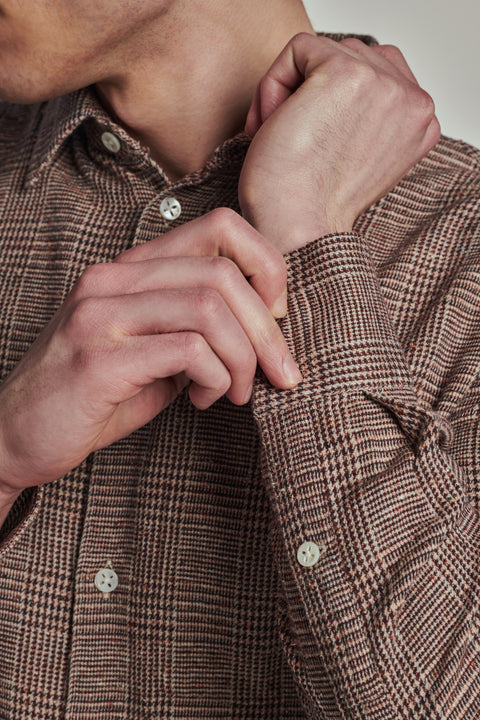 Feel Good Shirt in a Beige Brown Italian Cotton, Silk and Wool Blend with a Prince of Wales Pattern