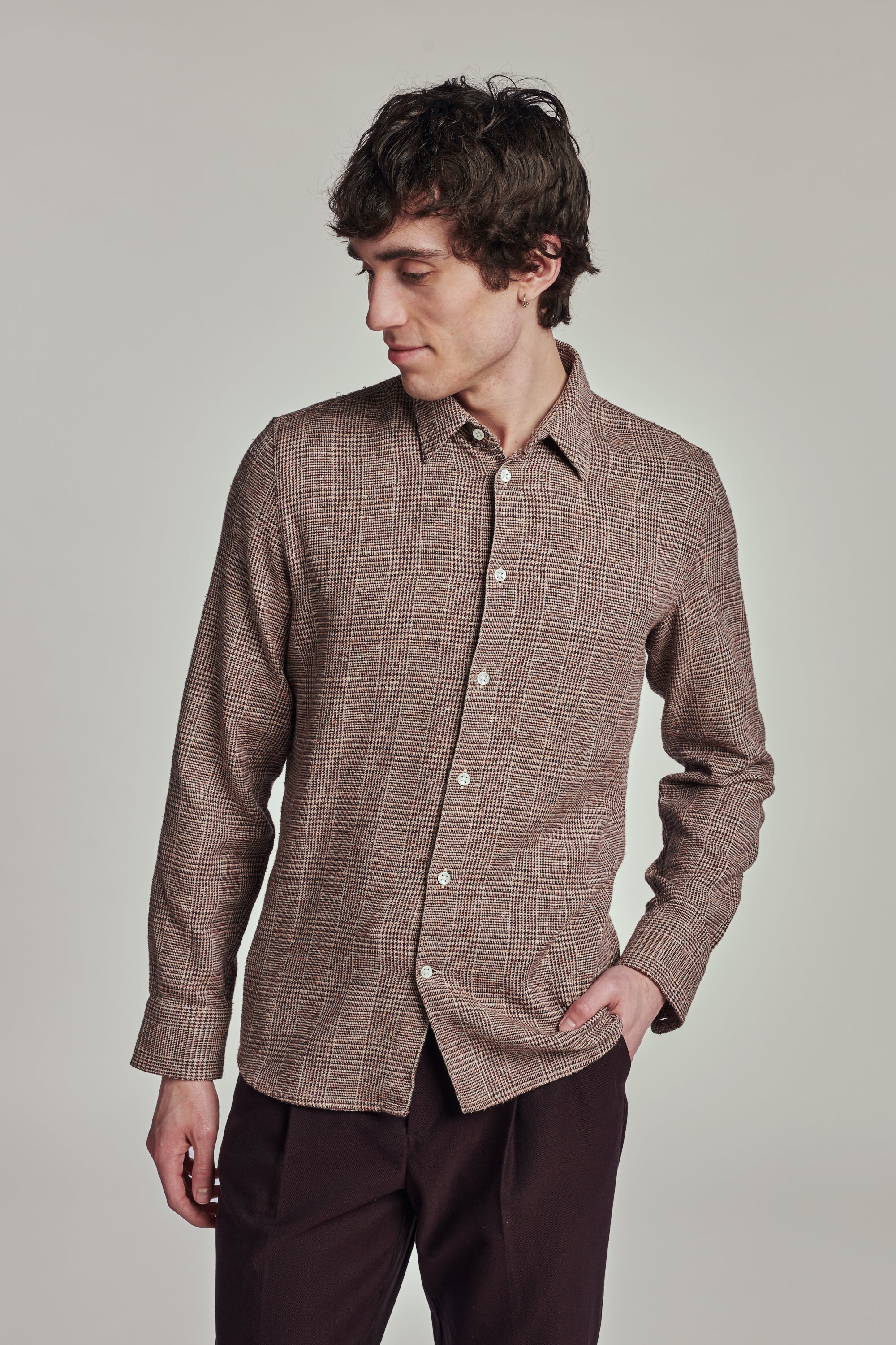 Feel Good Shirt in a Beige Brown Italian Cotton, Silk and Wool Blend with a Prince of Wales Pattern
