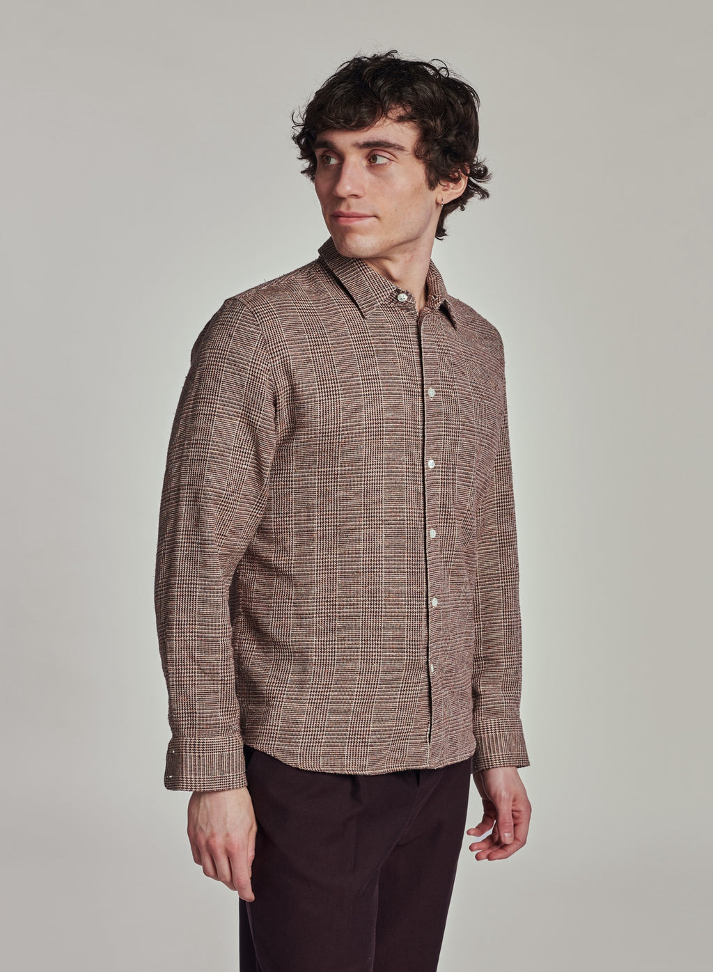 Feel Good Shirt in a Beige Brown Italian Cotton, Silk and Wool Blend with a Prince of Wales Pattern
