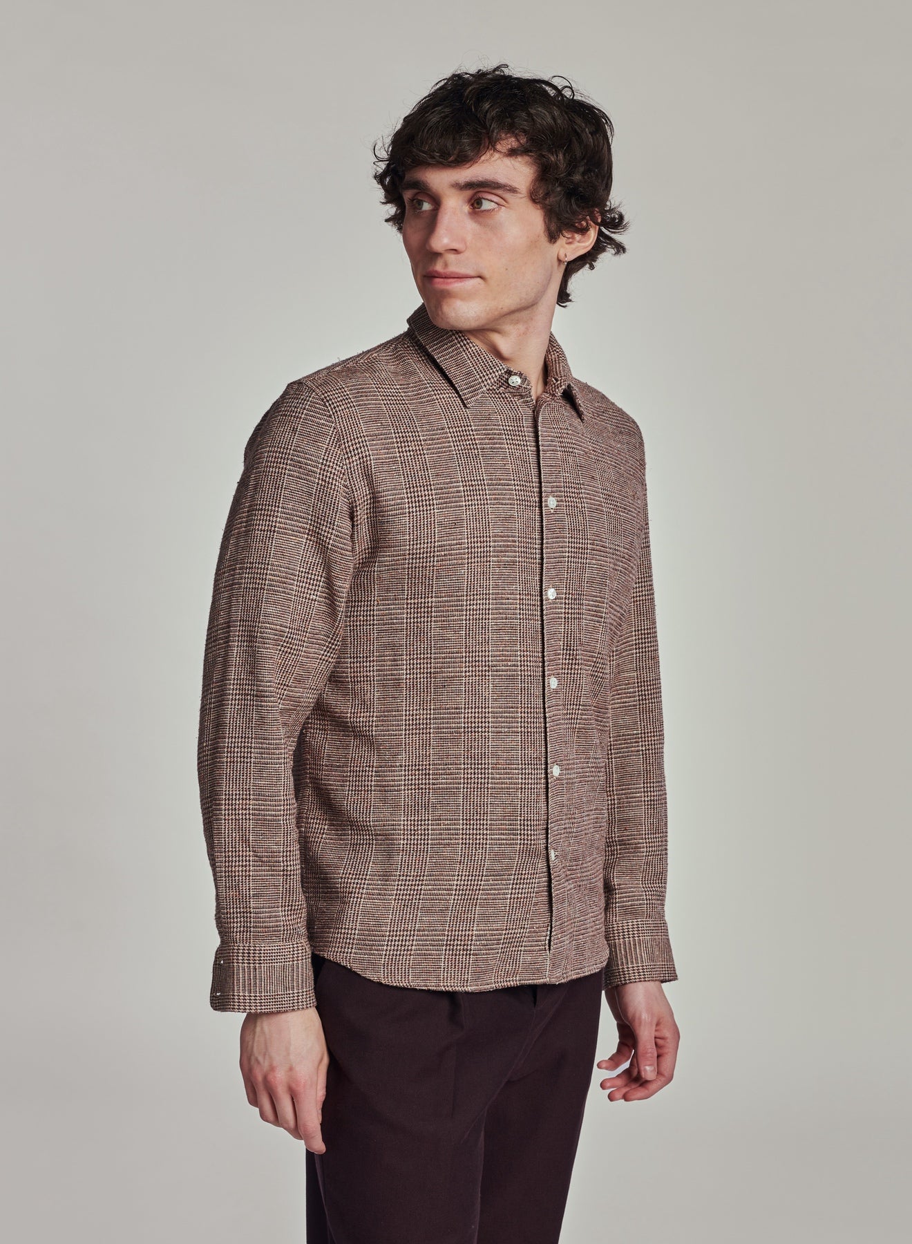 Feel Good Shirt in a Beige Brown Italian Cotton, Silk and Wool Blend with a Prince of Wales Pattern