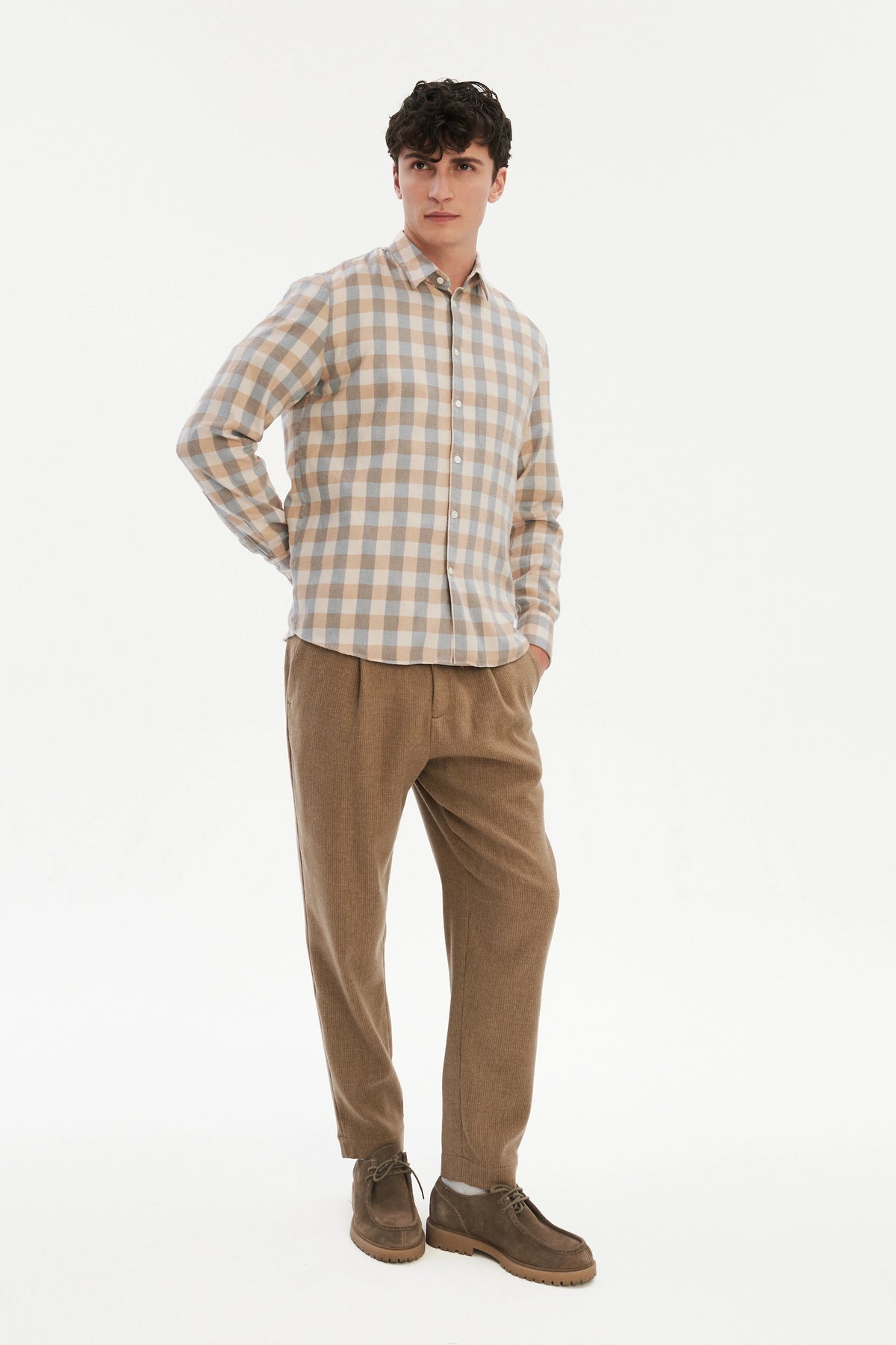 Feel Good Shirt in a Beige, Brown and Blue Grey Chequered Soft  Italian Lyocell Organic Cotton Flannel