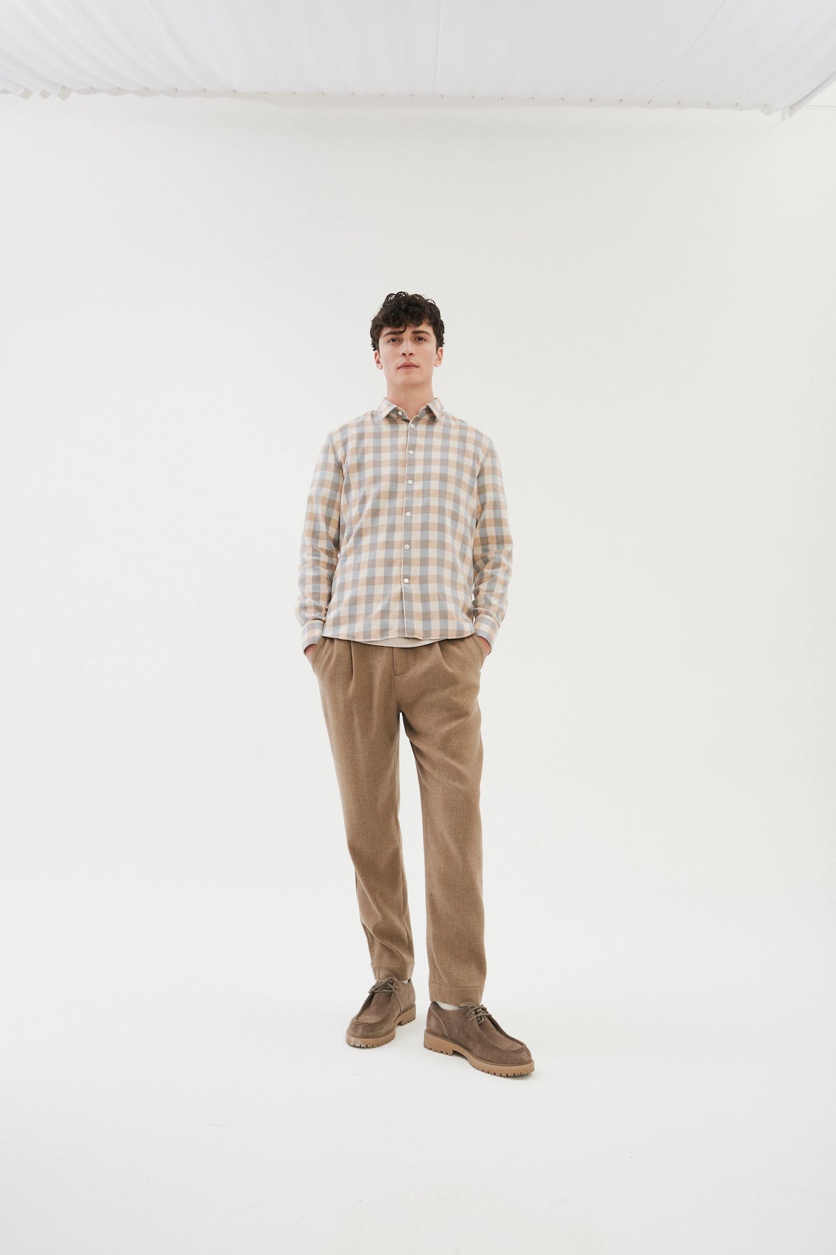 Feel Good Shirt in a Beige, Brown and Blue Grey Chequered Soft  Italian Lyocell Organic Cotton Flannel