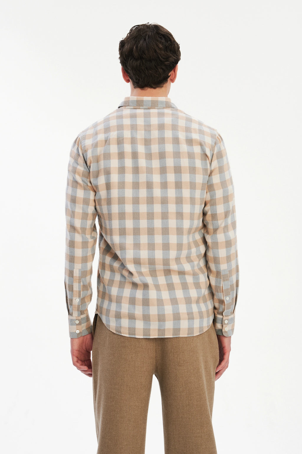 Feel Good Shirt in a Beige, Brown and Blue Grey Chequered Soft  Italian Lyocell Organic Cotton Flannel