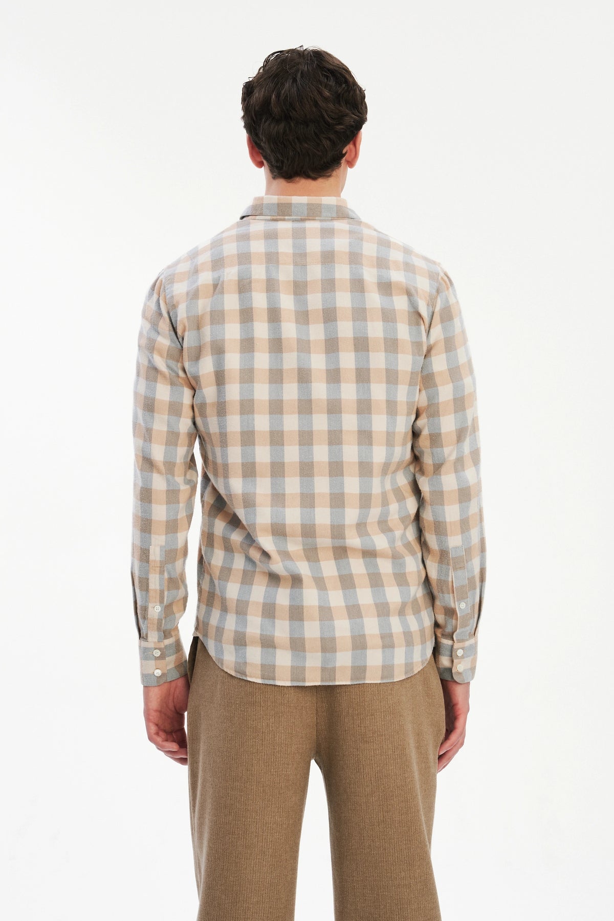 Feel Good Shirt in a Beige, Brown and Blue Grey Chequered Soft  Italian Lyocell Organic Cotton Flannel