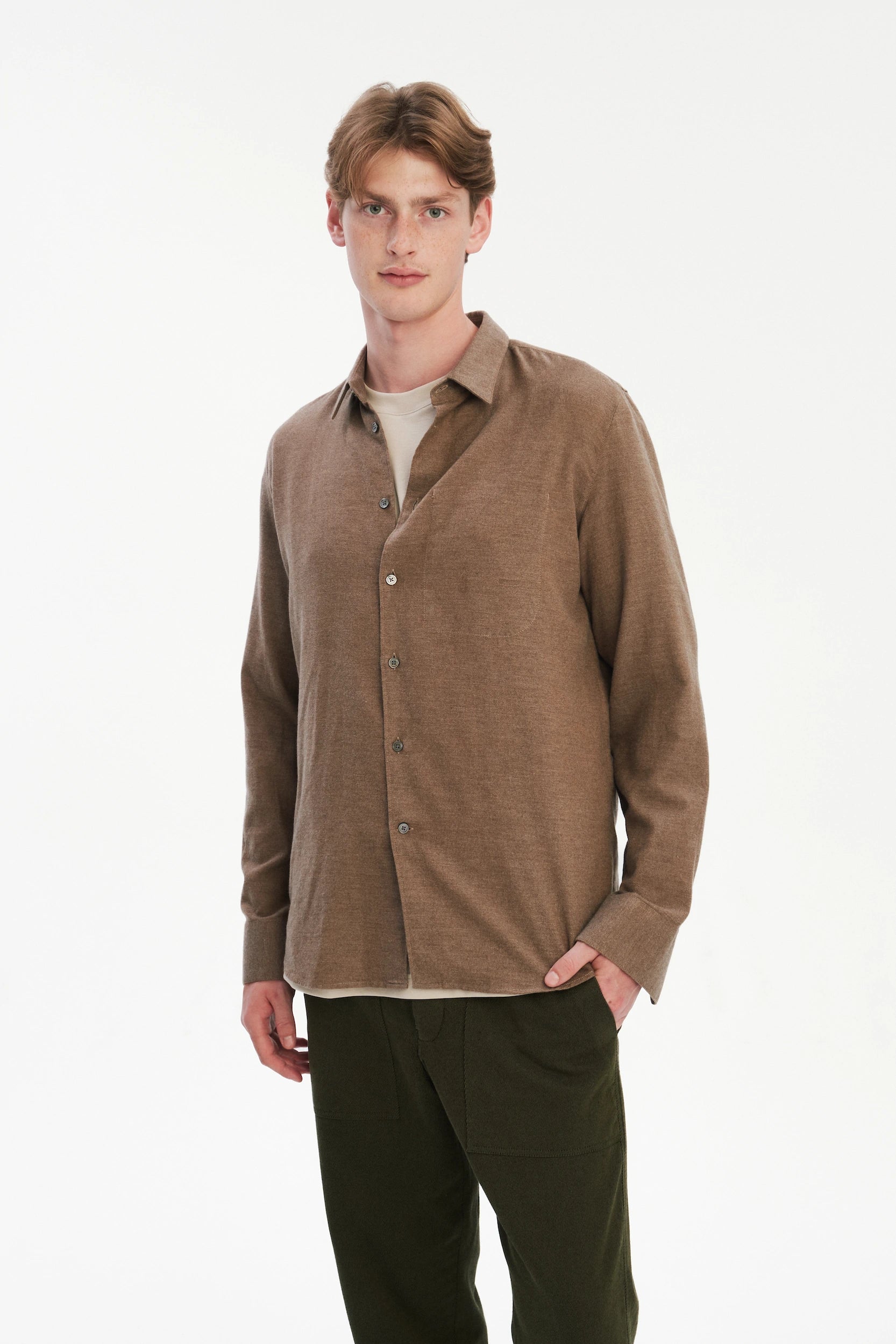 Feel Good Shirt in the Finest Taupe Brown Melange Italian Cotton Flannel