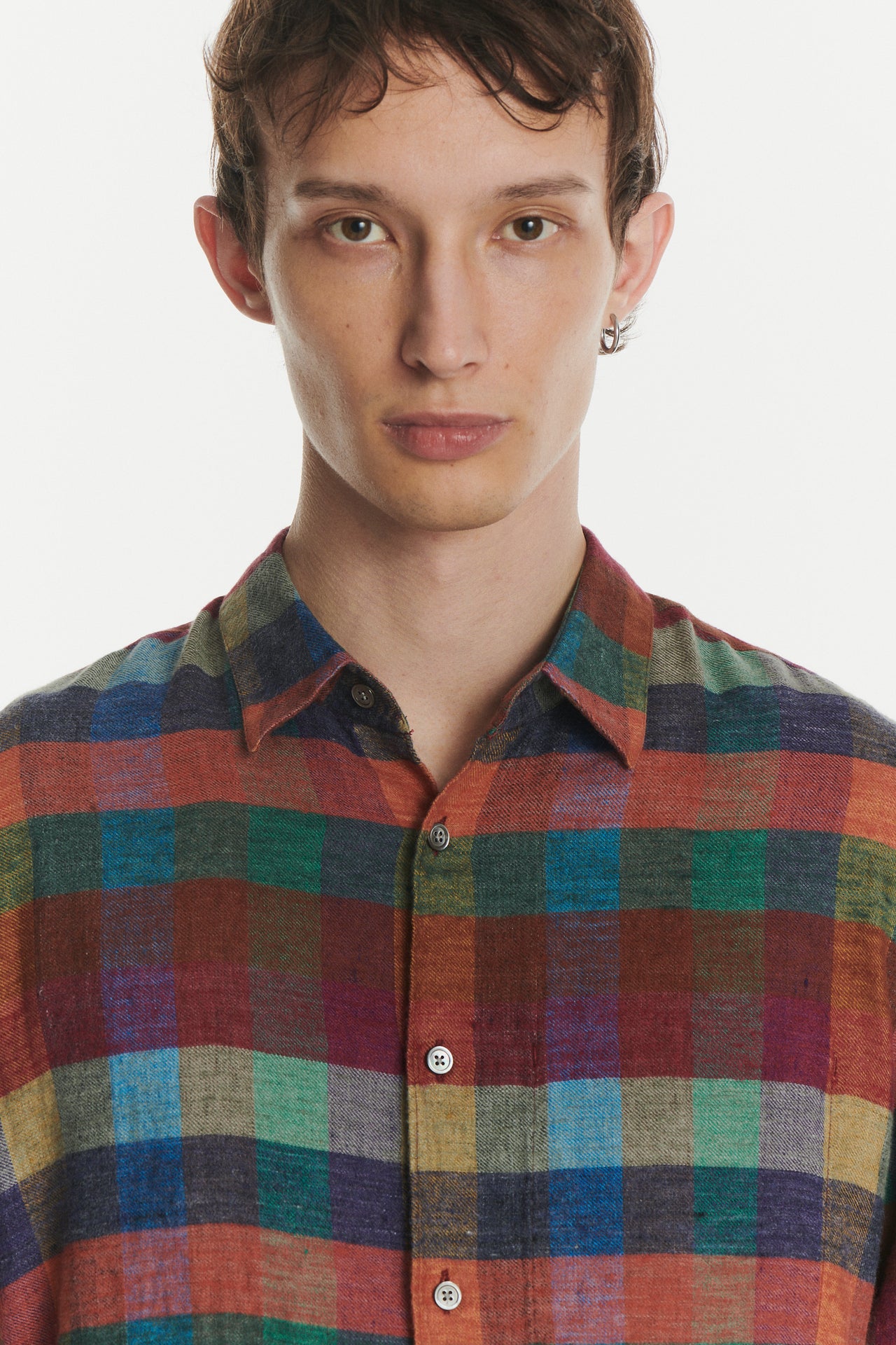 Feel Good Shirt in a Orange, Green, Blue and Yellow Chequered Italian Brushed Linen Flannel