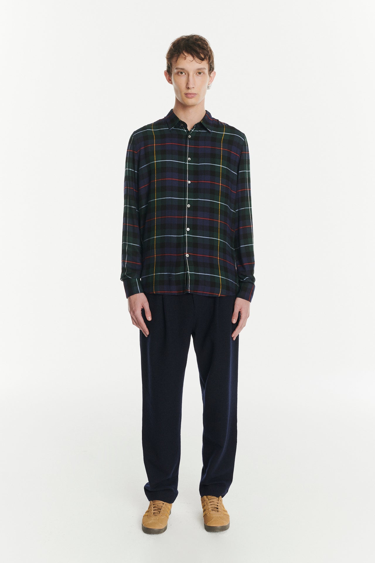 Feel Good Shirt in a Fine Fluid Chequered Dark Blue, Green, Red and Yellow Italian Modal