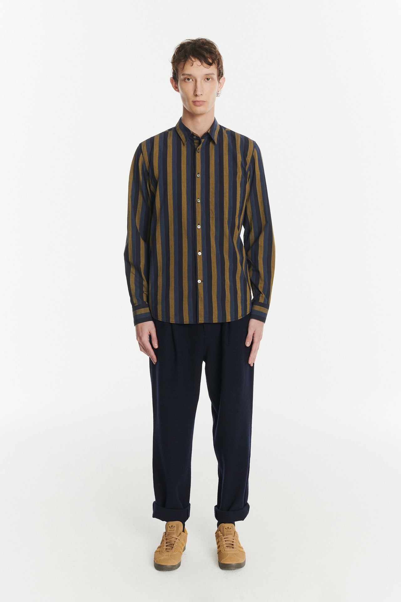 Feel Good Shirt in a Vibrant Ochre Yellow and Double Blue Striped Italian Cotton