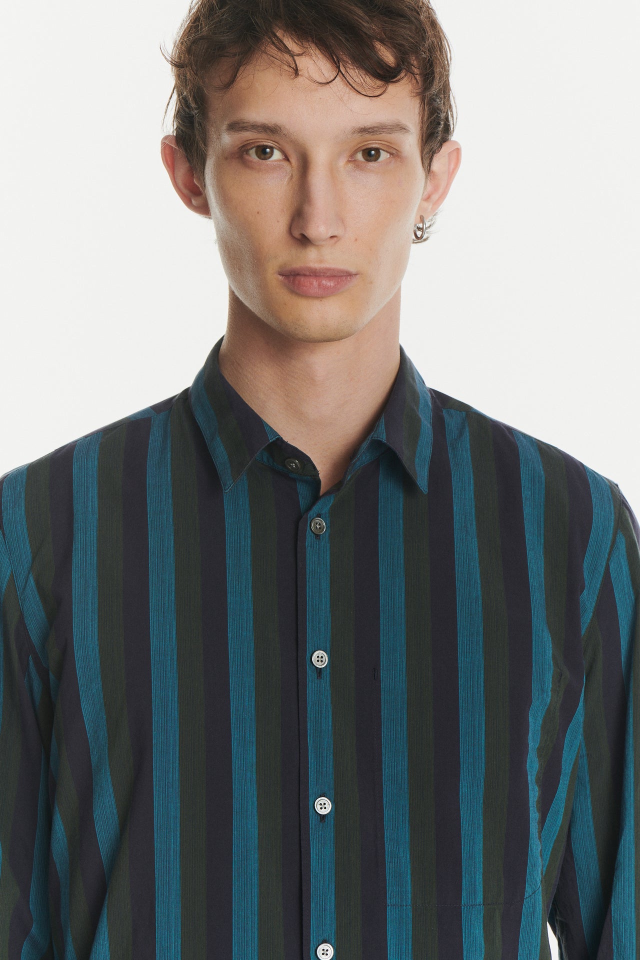 Feel Good Shirt in a Vibrant Blue, Moss Green and Midnight Blue Striped Italian Cotton