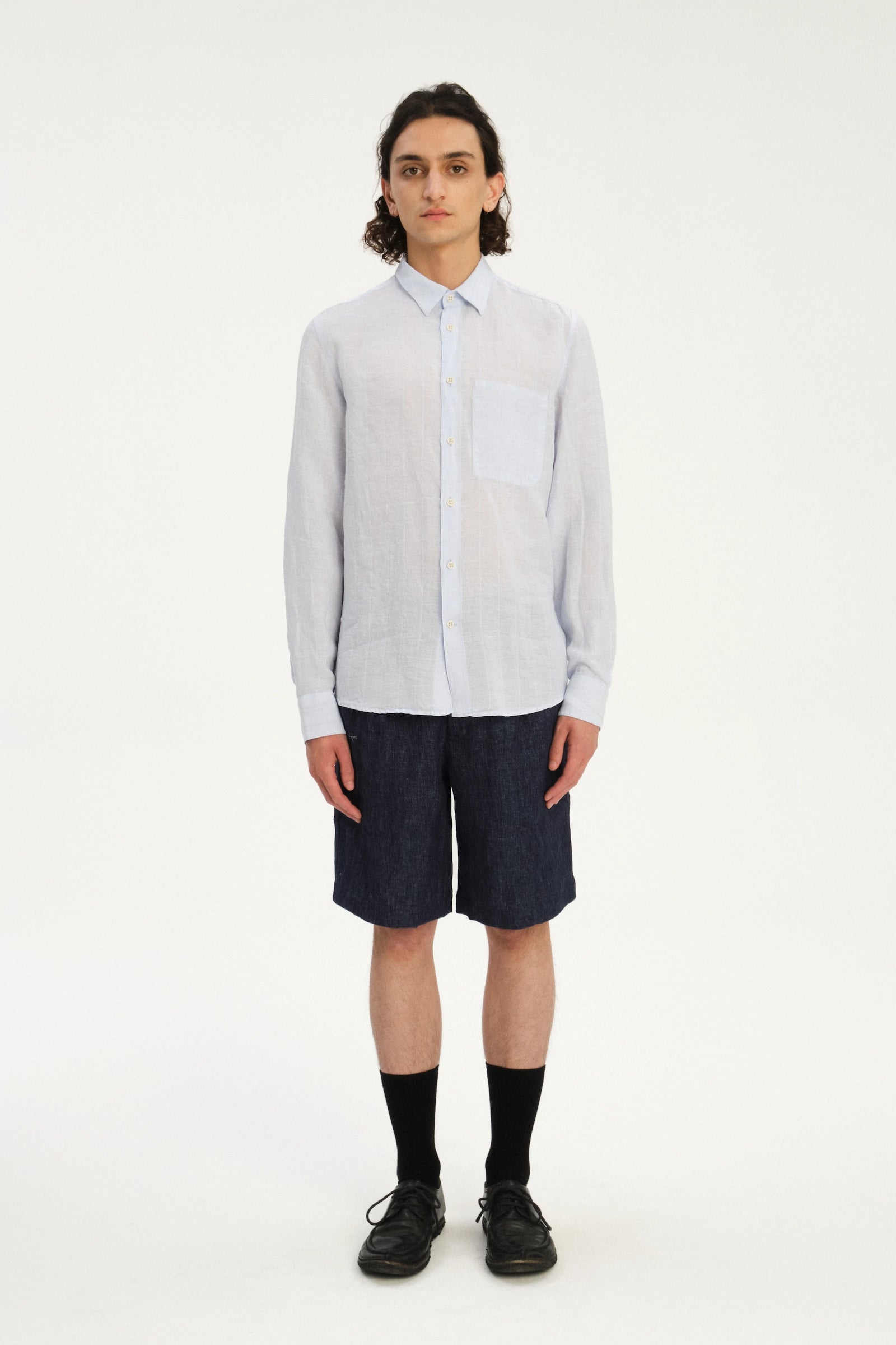 Feel Good Shirt in a Subtle Dobby Striped Blue Italian Linen