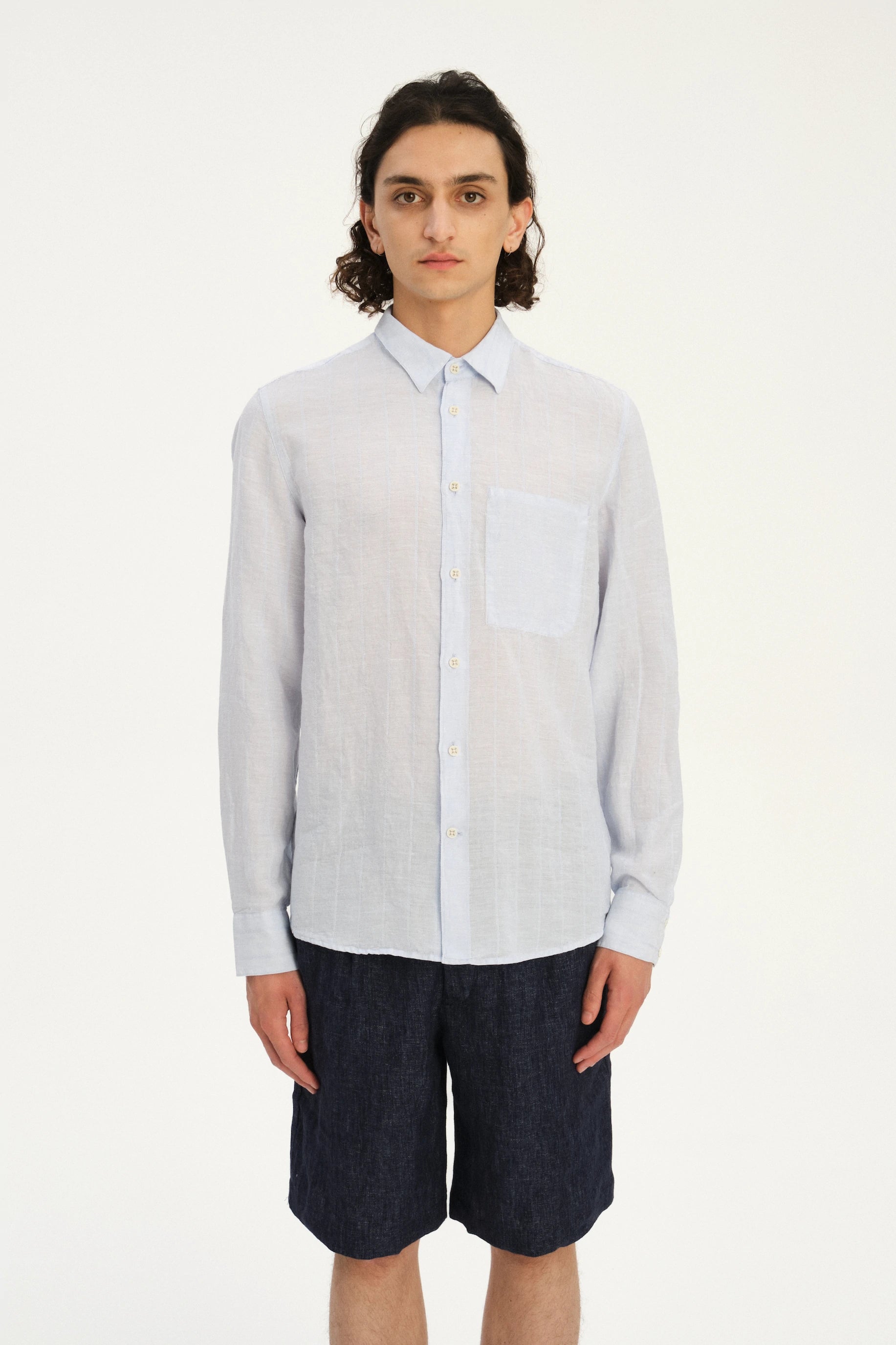 Feel Good Shirt in a Subtle Dobby Striped Blue Italian Linen