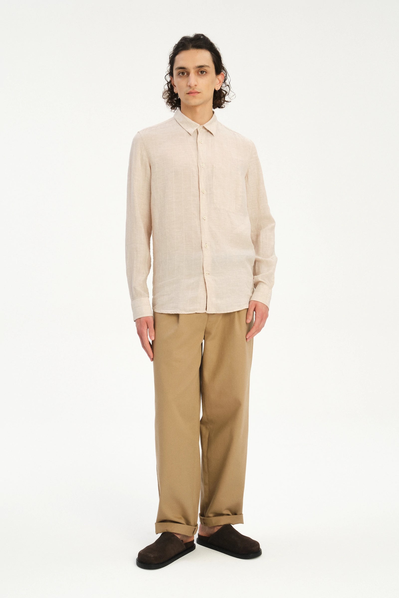 Feel Good Shirt in a Dobby Striped Soft Beige Italian Linen