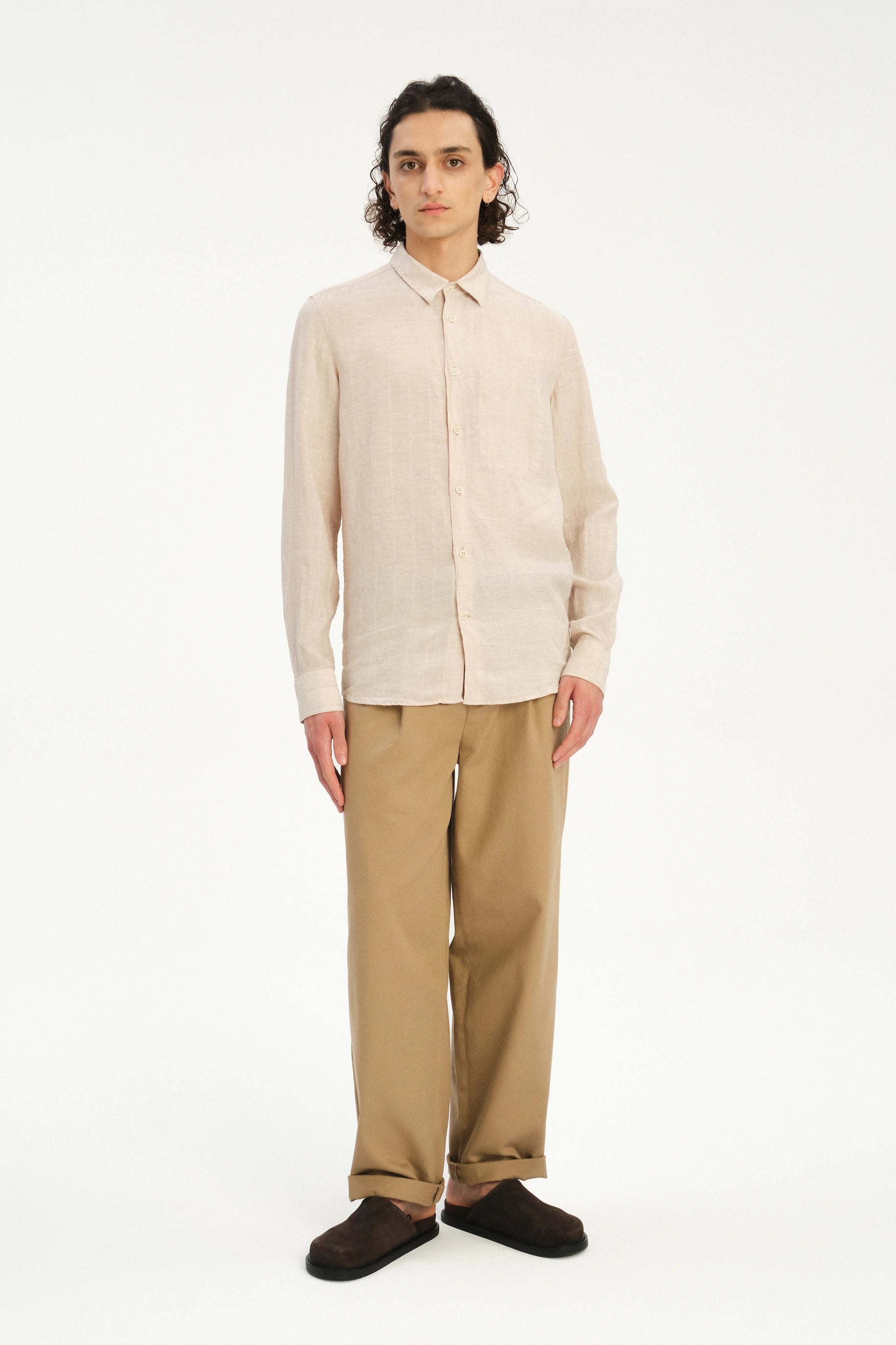 Feel Good Shirt in a Dobby Striped Soft Beige Italian Linen