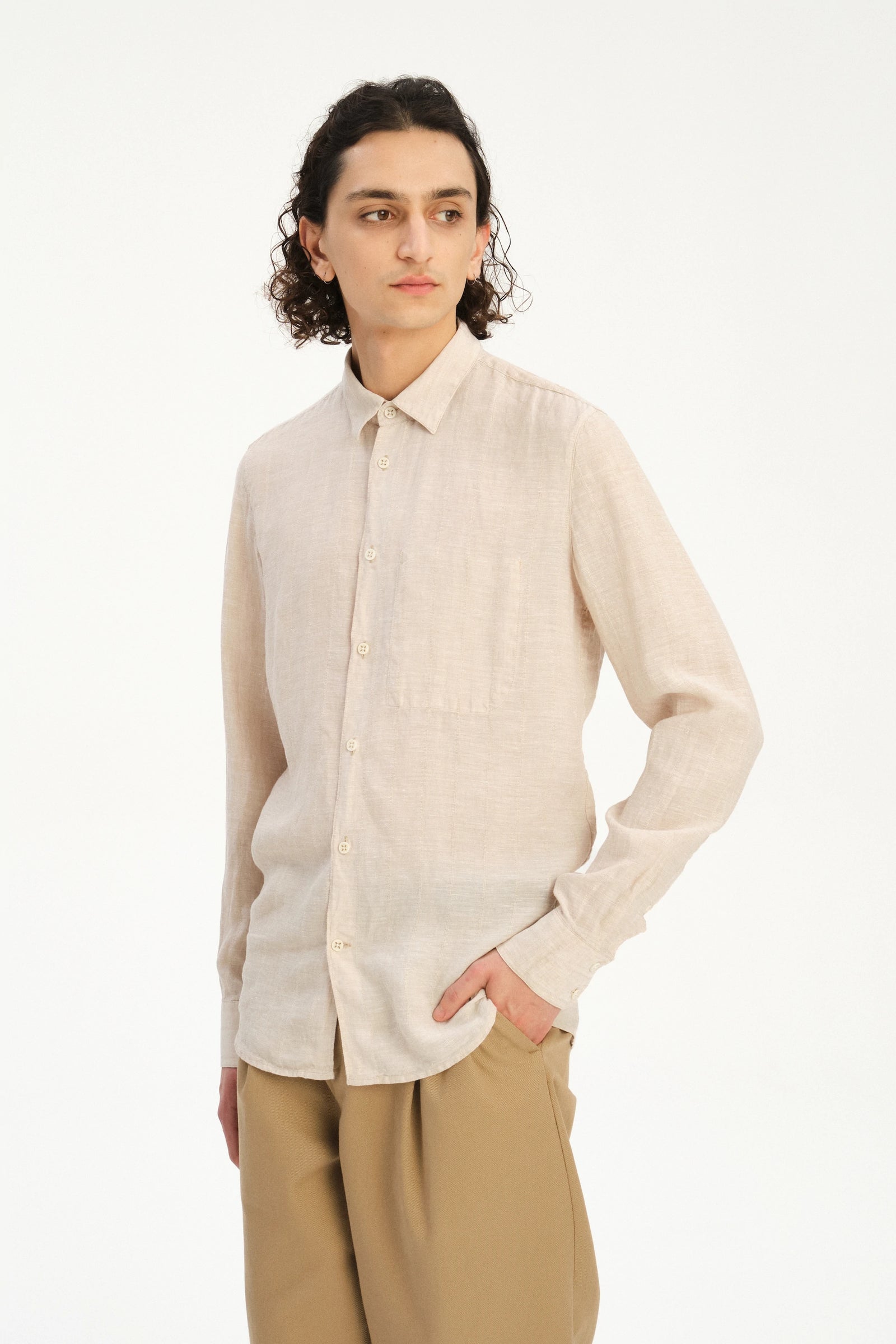 Feel Good Shirt in a Dobby Striped Soft Beige Italian Linen