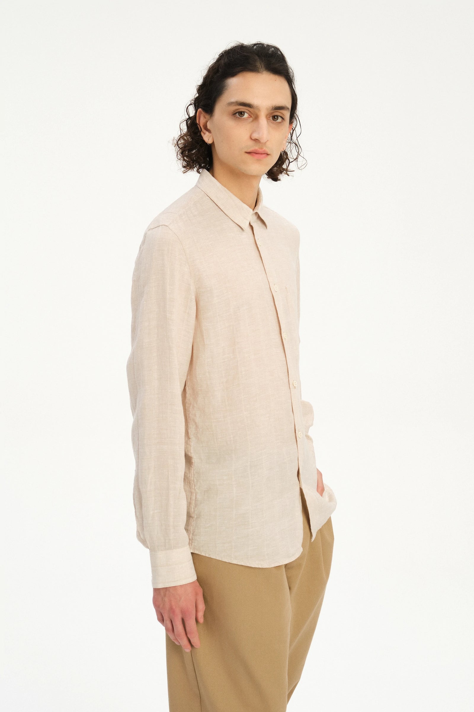 Feel Good Shirt in a Dobby Striped Soft Beige Italian Linen