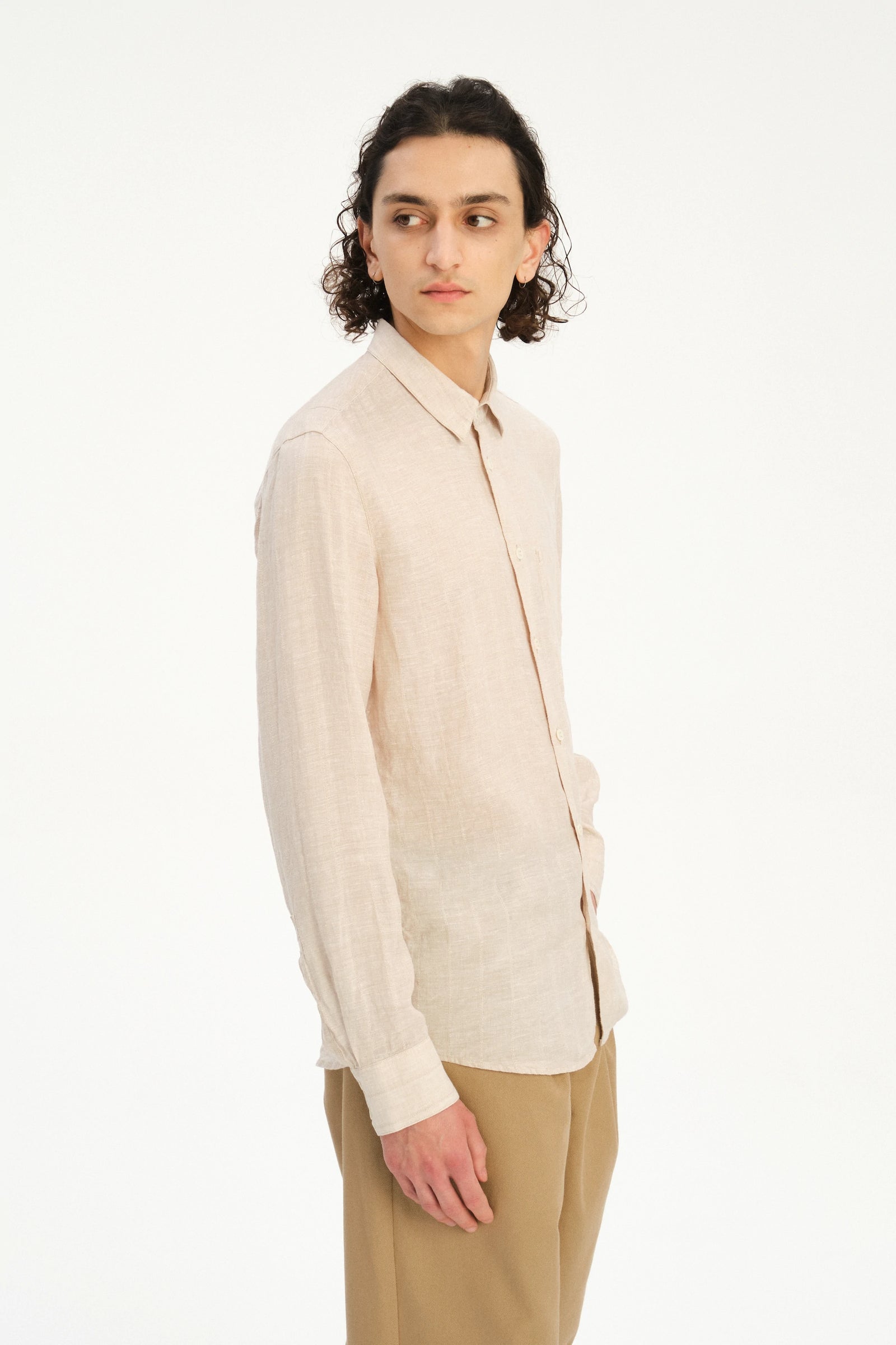 Feel Good Shirt in a Dobby Striped Soft Beige Italian Linen