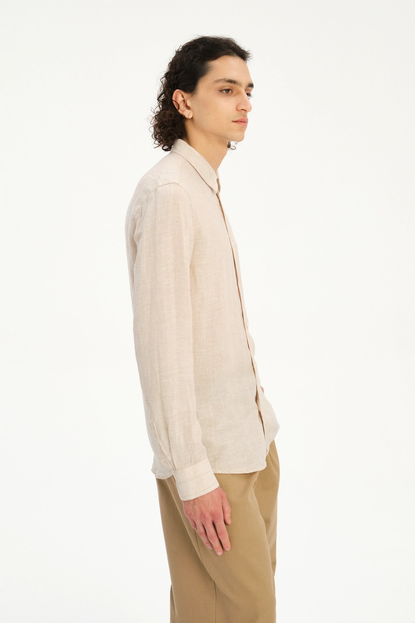 Feel Good Shirt in a Dobby Striped Soft Beige Italian Linen