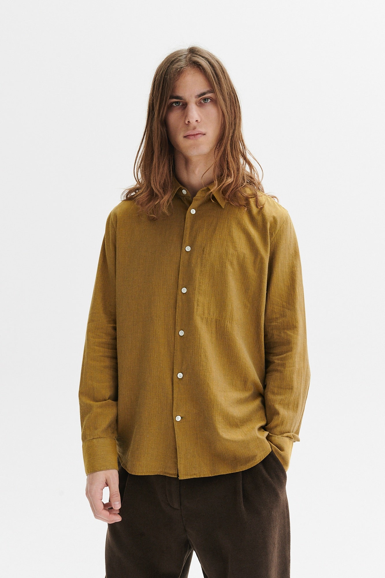 Feel Good Shirt in the Finest Ochre Yellow Fine Herringbone Soft Italian Giza 87 Cotton Flannel