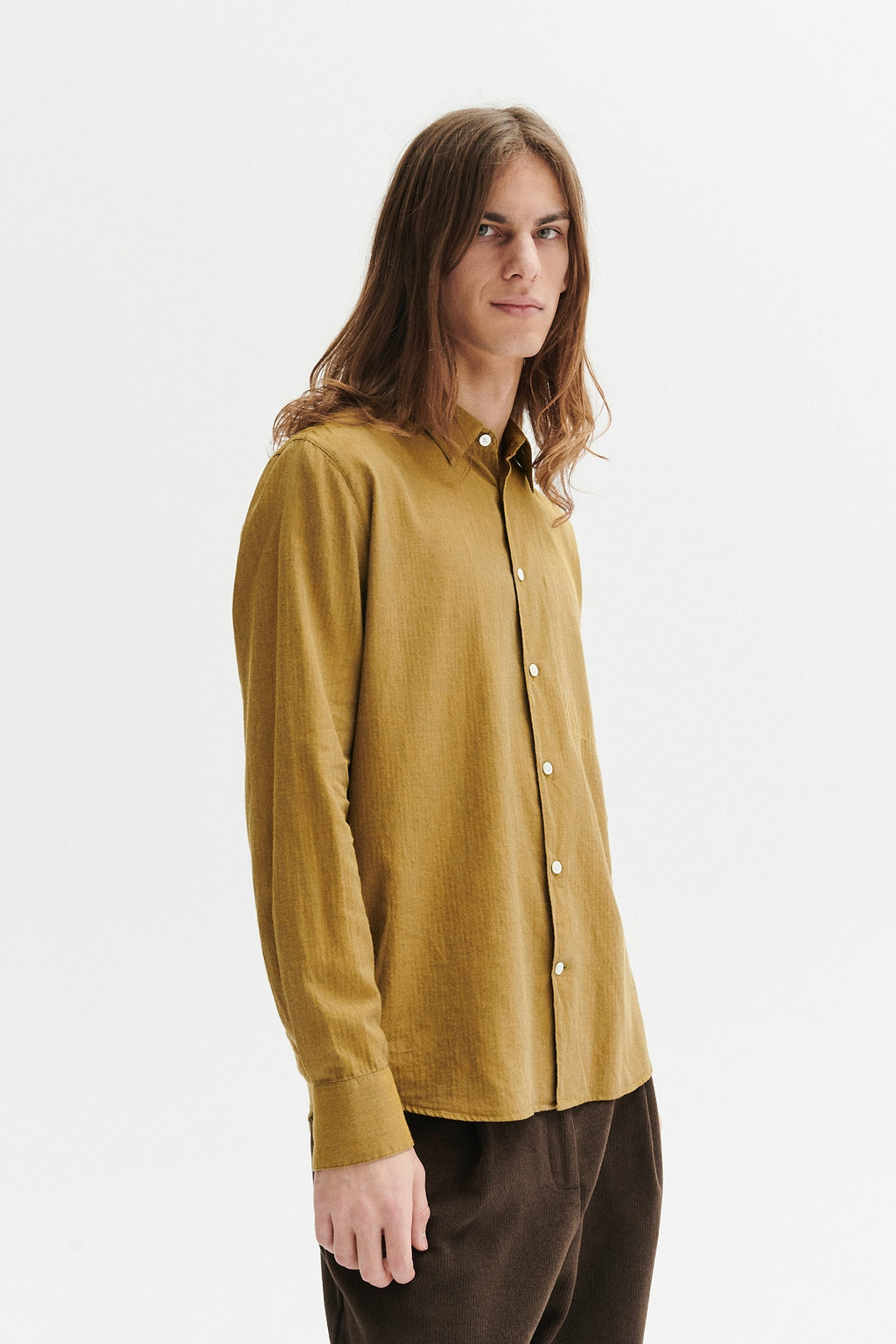 Feel Good Shirt in the Finest Ochre Yellow Fine Herringbone Soft Italian Giza 87 Cotton Flannel