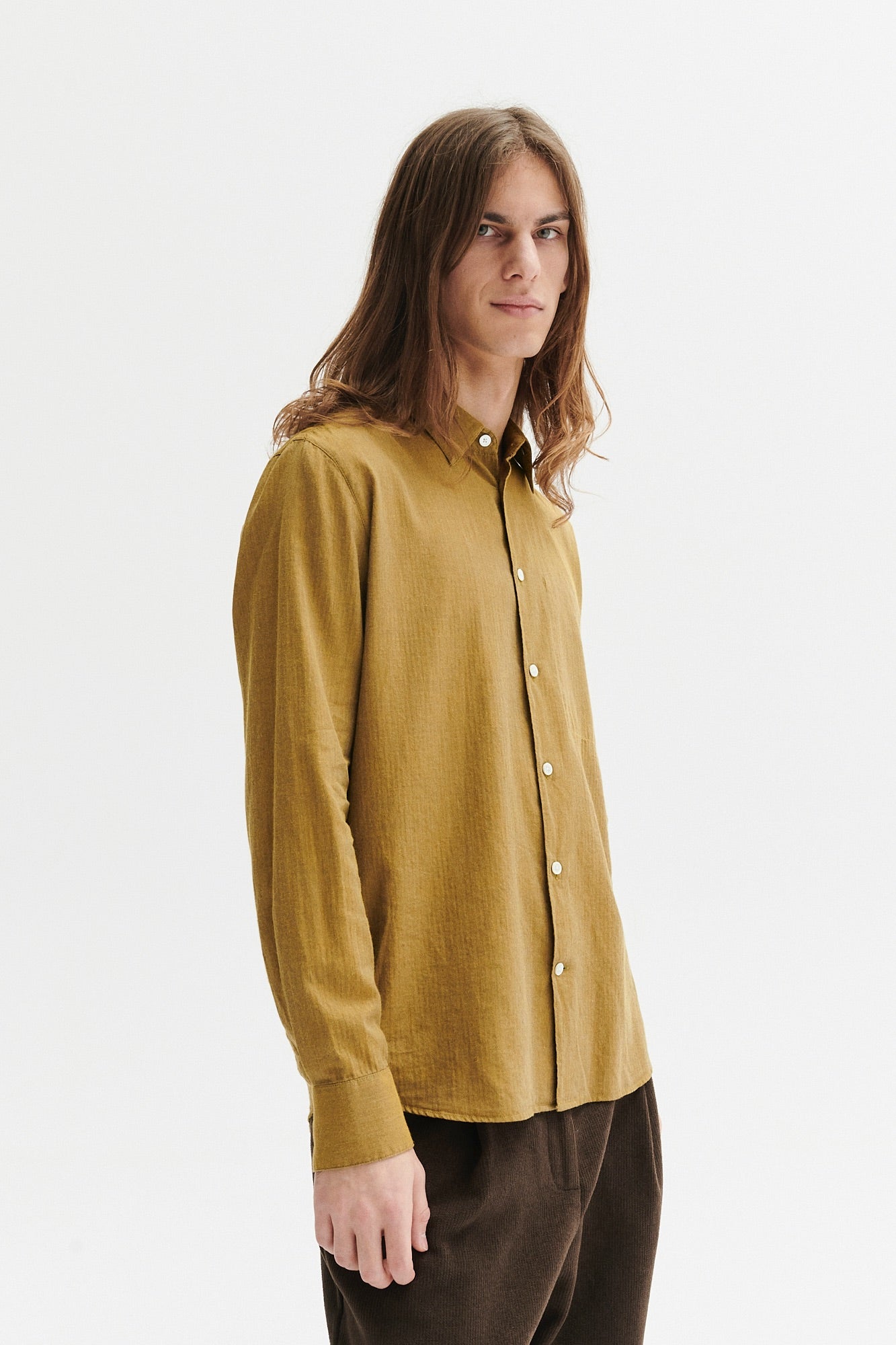 Feel Good Shirt in the Finest Ochre Yellow Fine Herringbone Soft Italian Giza 87 Cotton Flannel