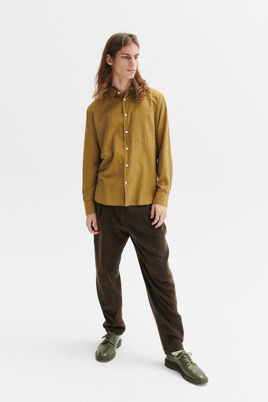Feel Good Shirt in the Finest Ochre Yellow Fine Herringbone Soft Italian Giza 87 Cotton Flannel