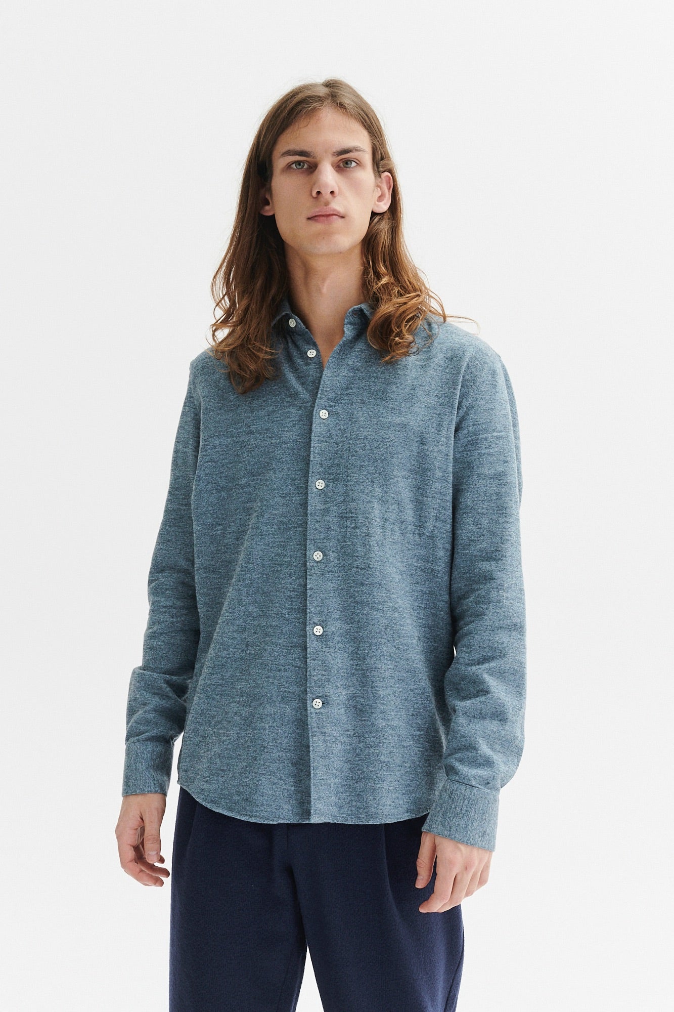 Feel Good Shirt in a Blue Utterly Soft Melange Italian Cotton Flannel by Albini