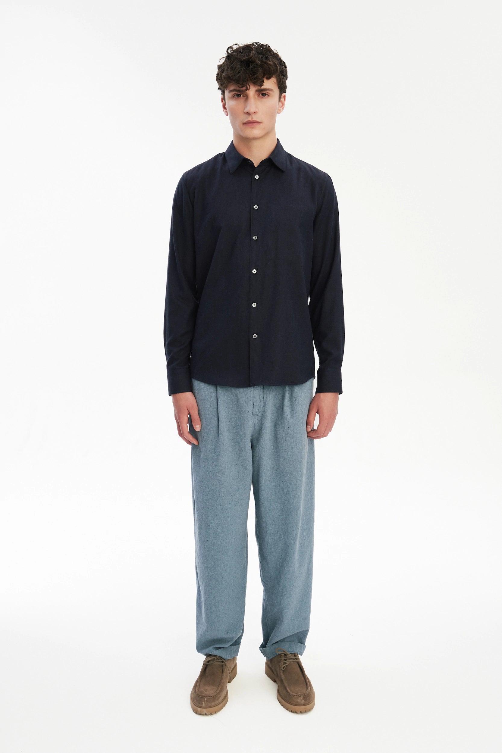 Feel Good Shirt in Navy Silky Italian Lyocell and Organic Cotton Flannel