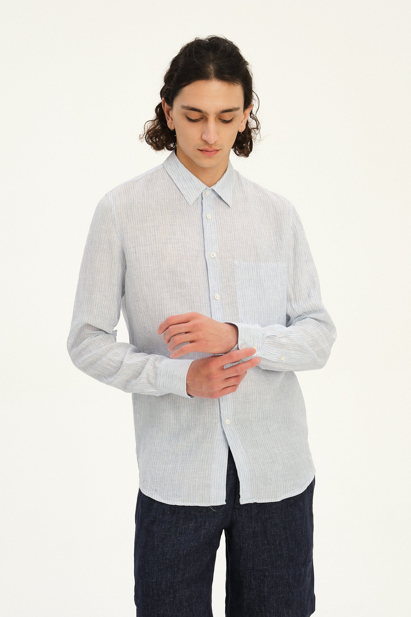 Feel Good Shirt in The Finest White and Subtle Blue Pin Striped Italian Linen