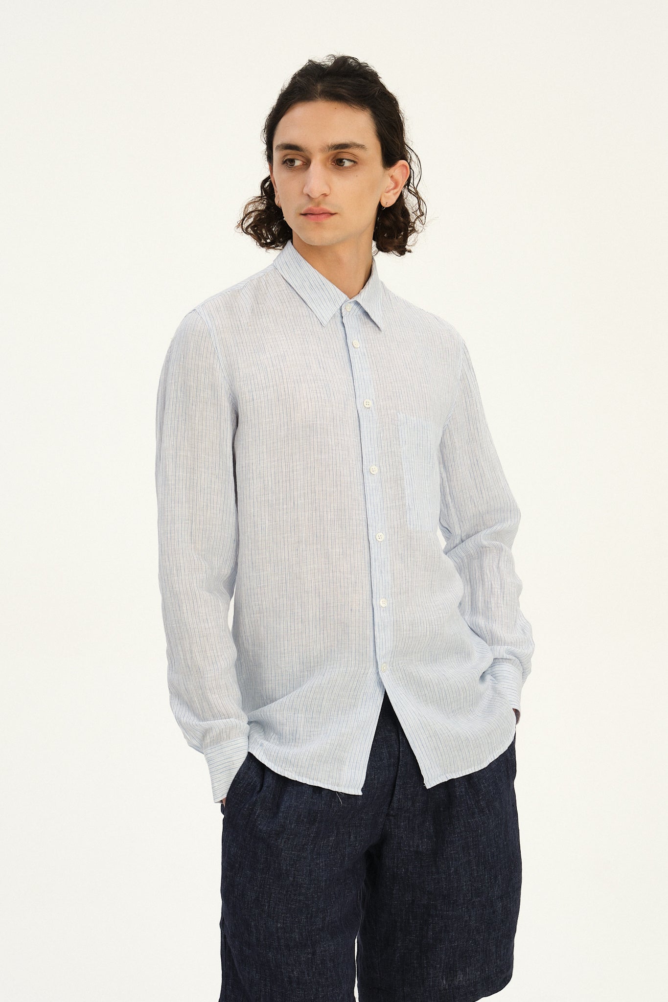 Feel Good Shirt in The Finest White and Subtle Blue Pin Striped Italian Linen