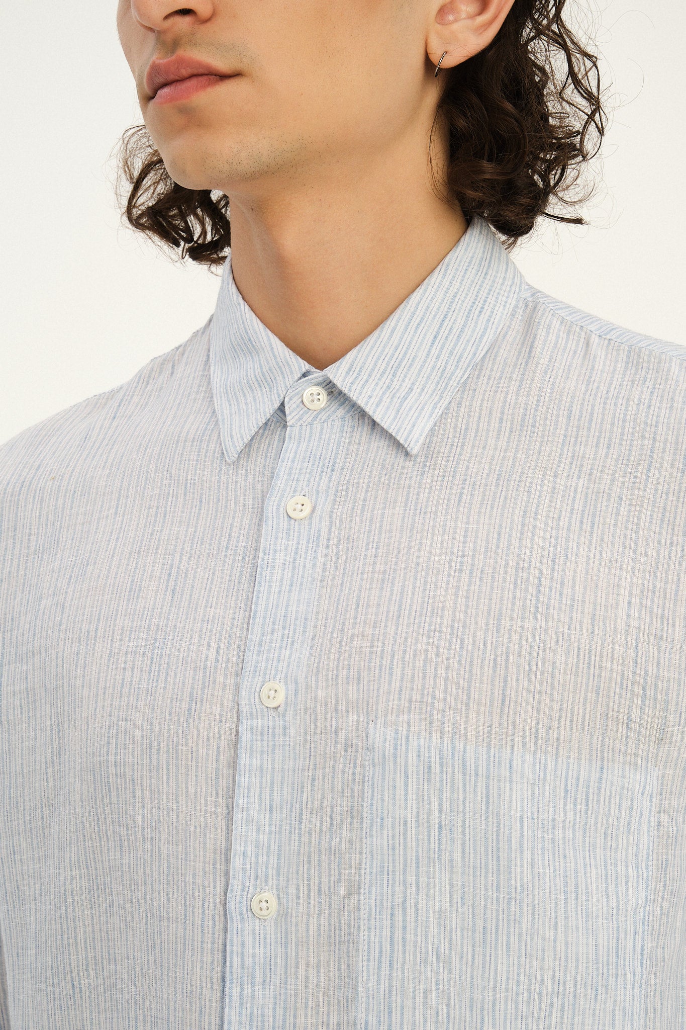 Feel Good Shirt in The Finest White and Subtle Blue Pin Striped Italian Linen