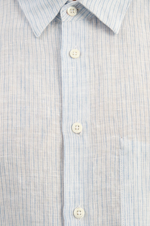 Feel Good Shirt in The Finest White and Subtle Blue Pin Striped Italian Linen