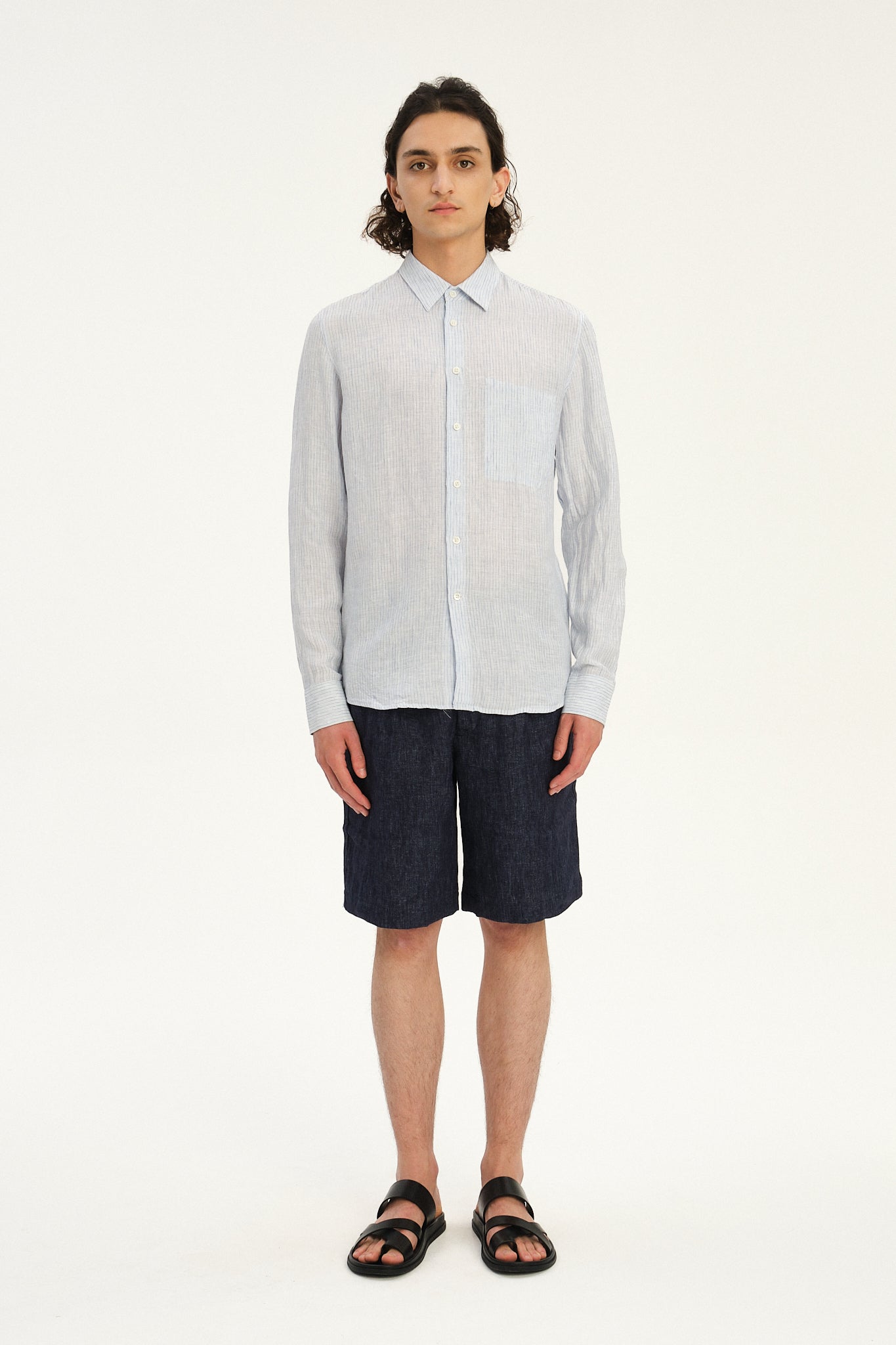 Feel Good Shirt in The Finest White and Subtle Blue Pin Striped Italian Linen