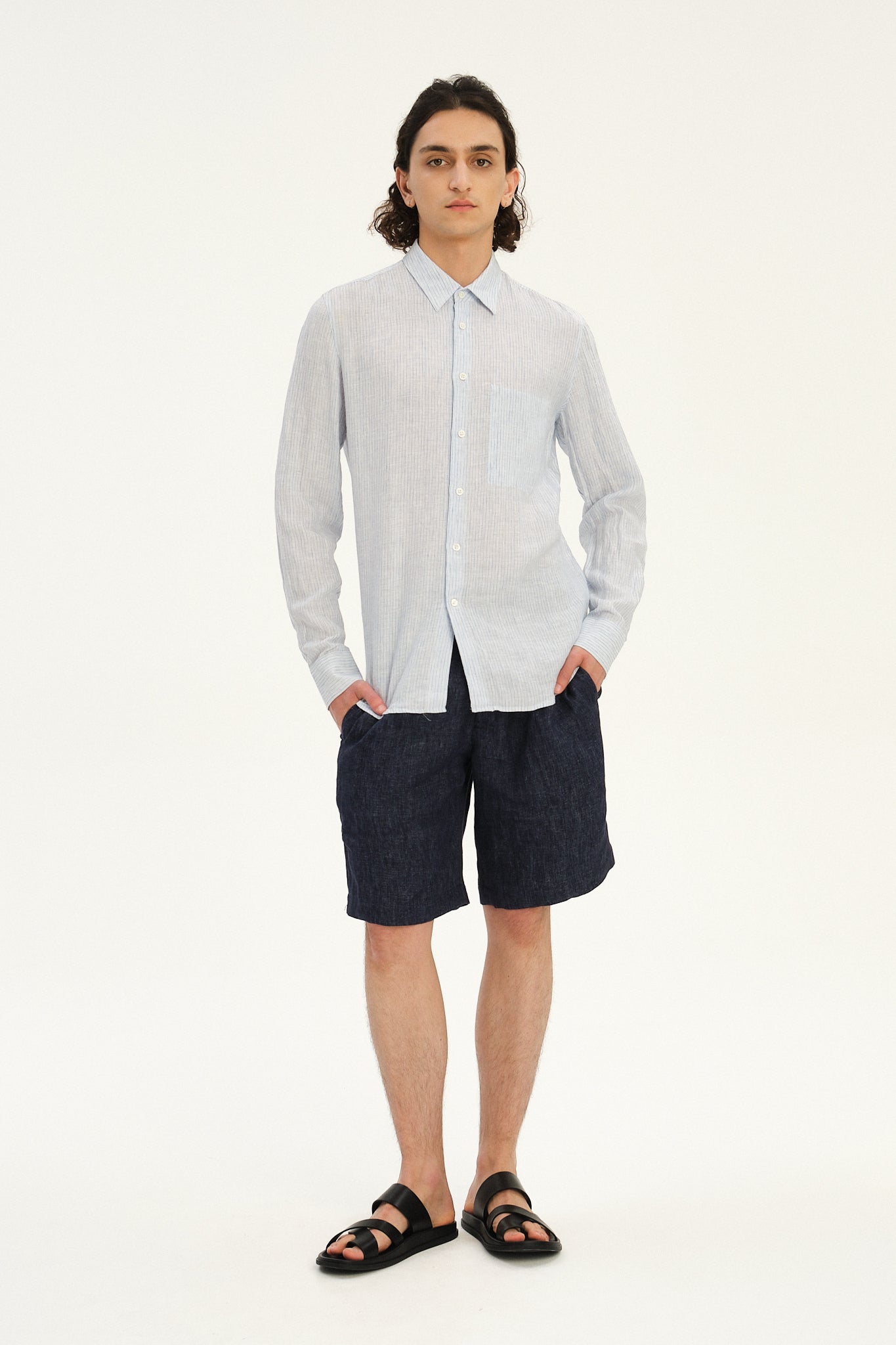 Feel Good Shirt in The Finest White and Subtle Blue Pin Striped Italian Linen