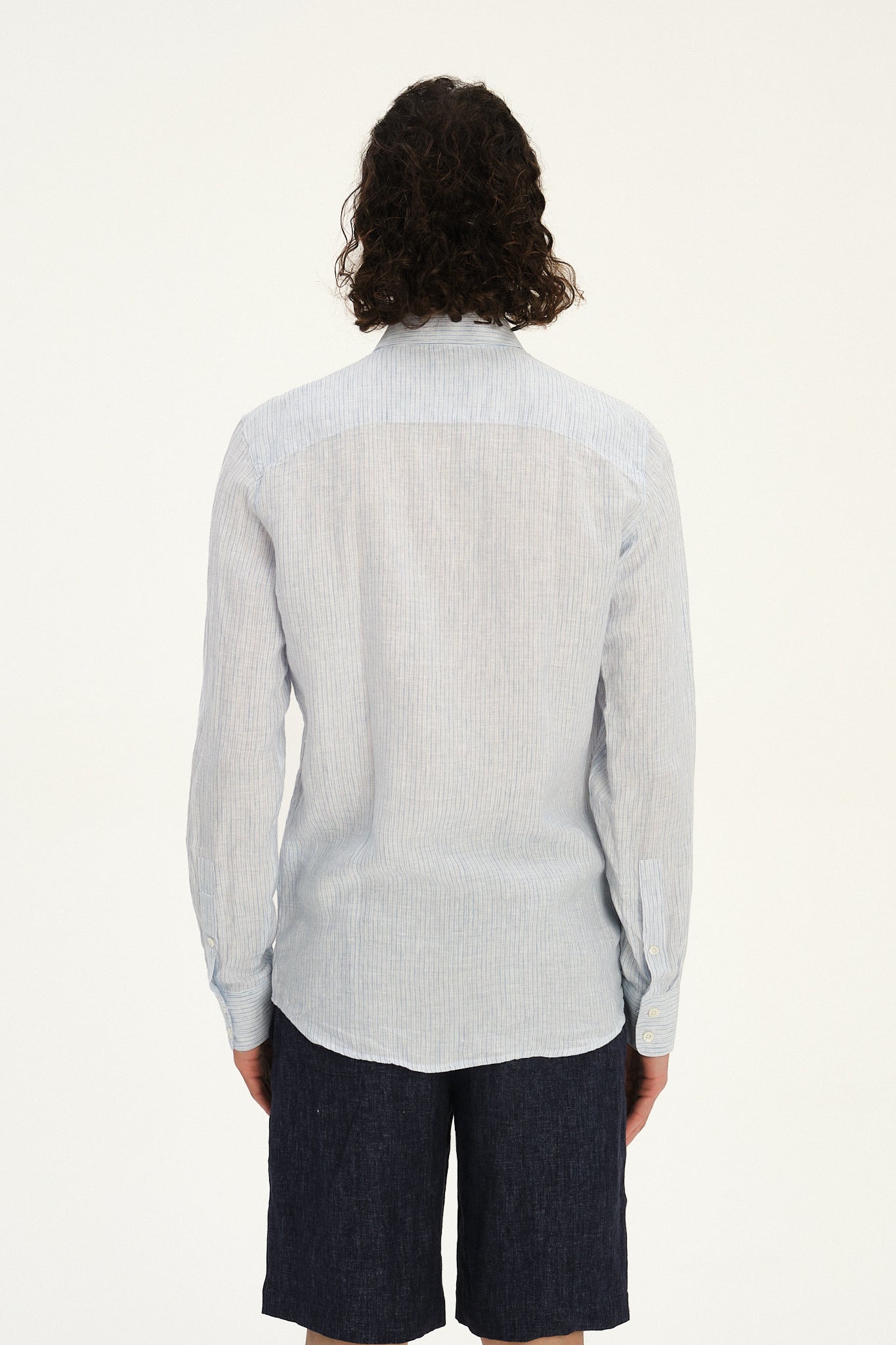 Feel Good Shirt in The Finest White and Subtle Blue Pin Striped Italian Linen