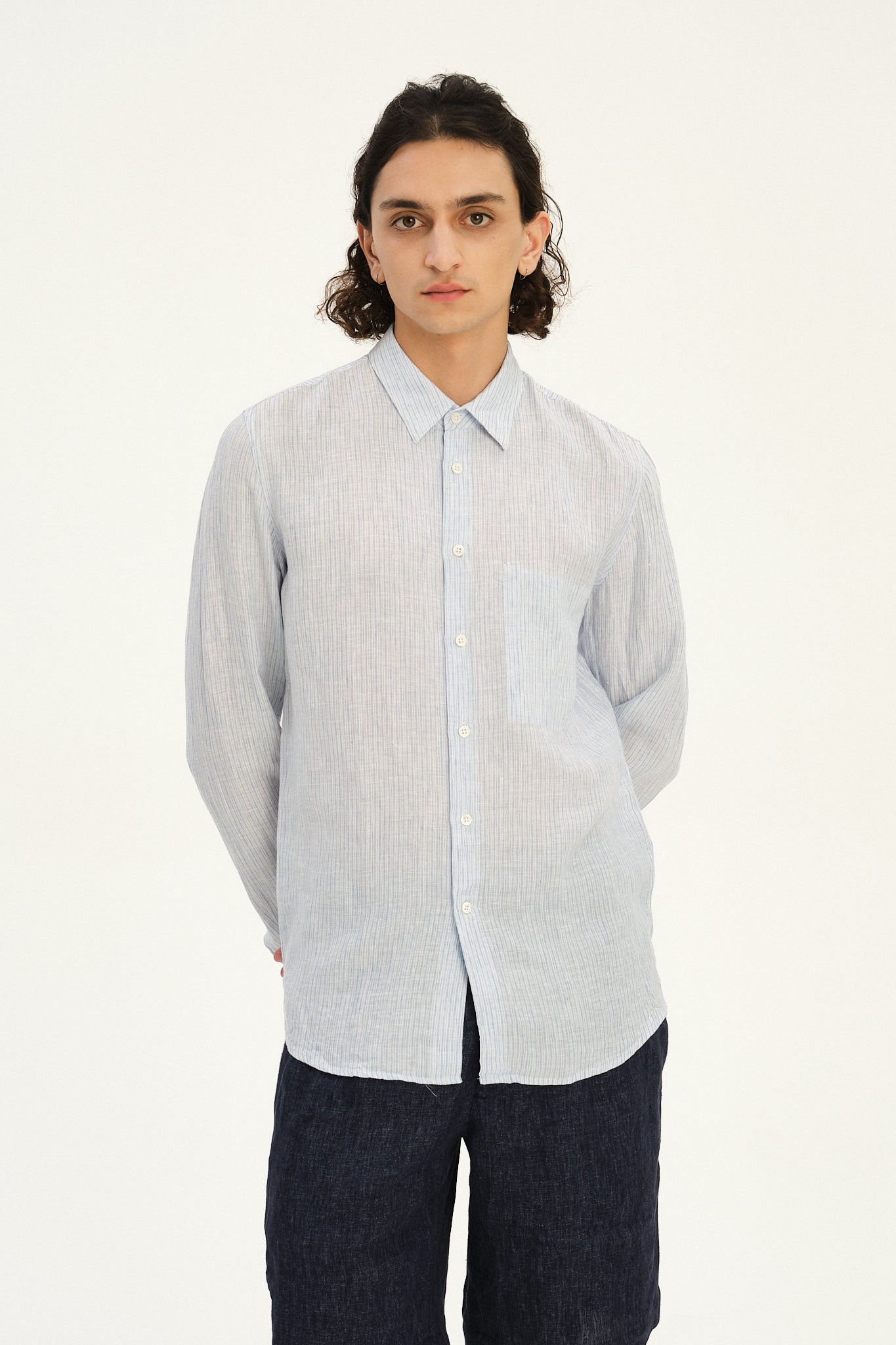 Feel Good Shirt in The Finest White and Subtle Blue Pin Striped Italian Linen