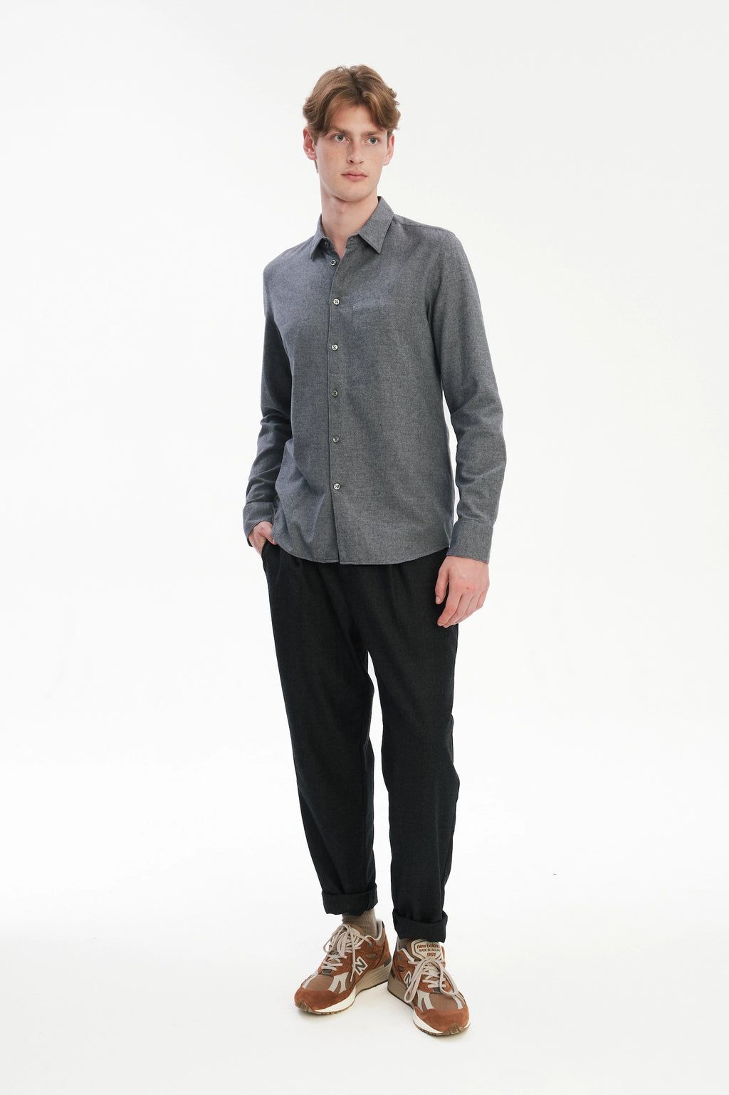 Feel Good Shirt in a Fine Melange Soft Grey Italian Cotton and Virgin Wool
