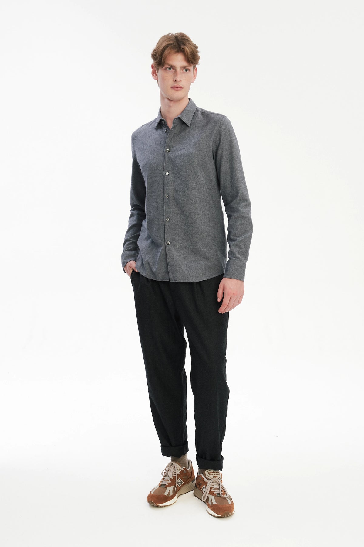 Feel Good Shirt in a Fine Melange Soft Grey Italian Cotton and Virgin Wool