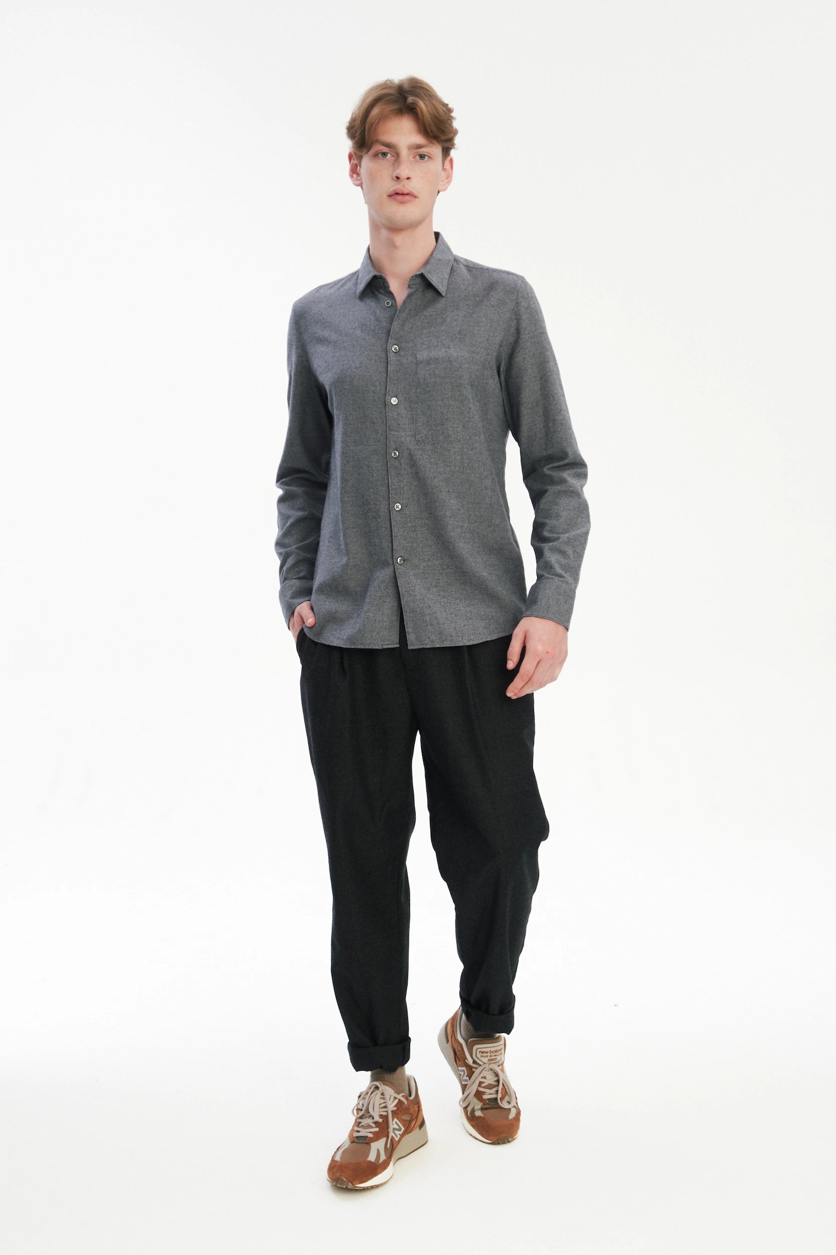Feel Good Shirt in a Fine Melange Soft Grey Italian Cotton and Virgin Wool