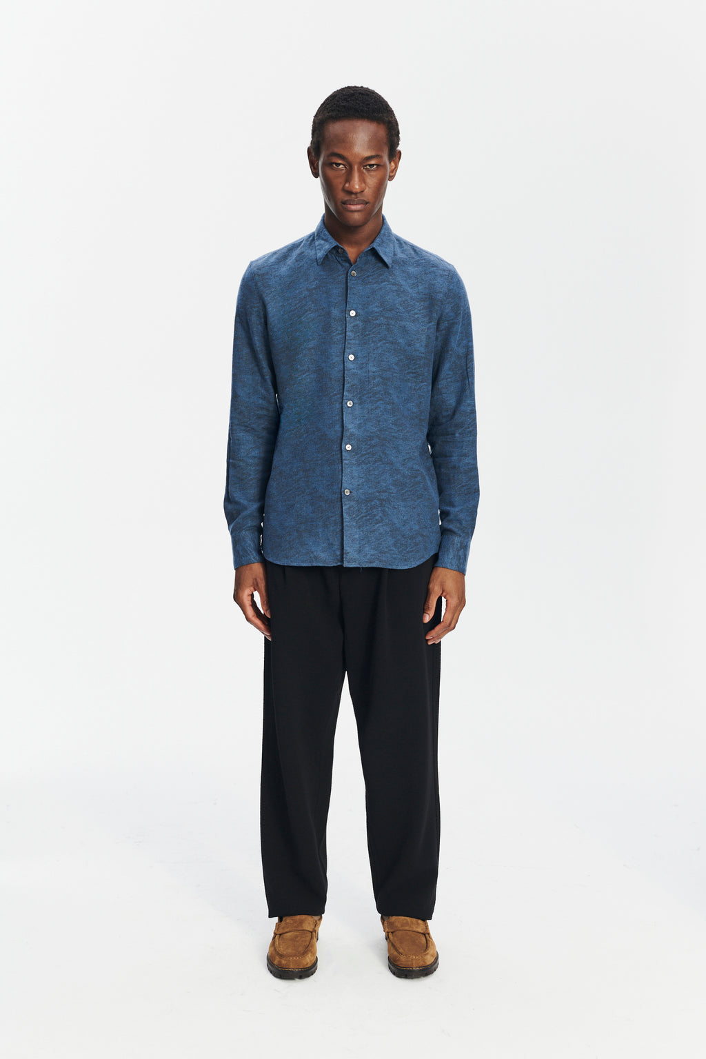 Feel Good Shirt in an Indigo Navy Blue and Black Soft Jacquard Italian Cotton and Lyocell Flannel
