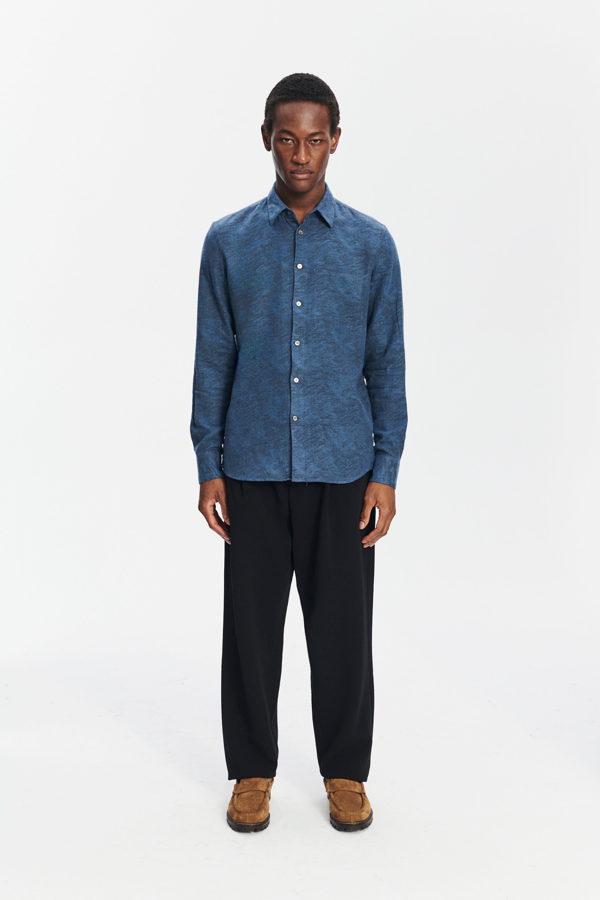 Feel Good Shirt in an Indigo Navy Blue and Black Soft Jacquard Italian Cotton and Lyocell Flannel