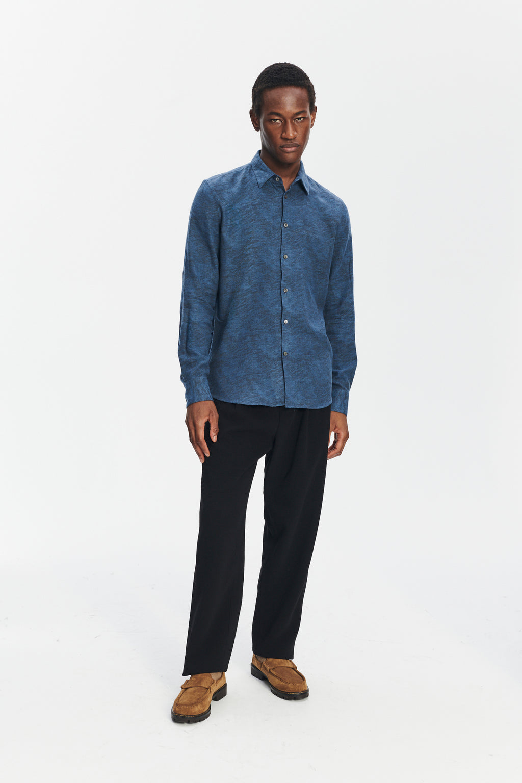 Feel Good Shirt in an Indigo Navy Blue and Black Soft Jacquard Italian Cotton and Lyocell Flannel