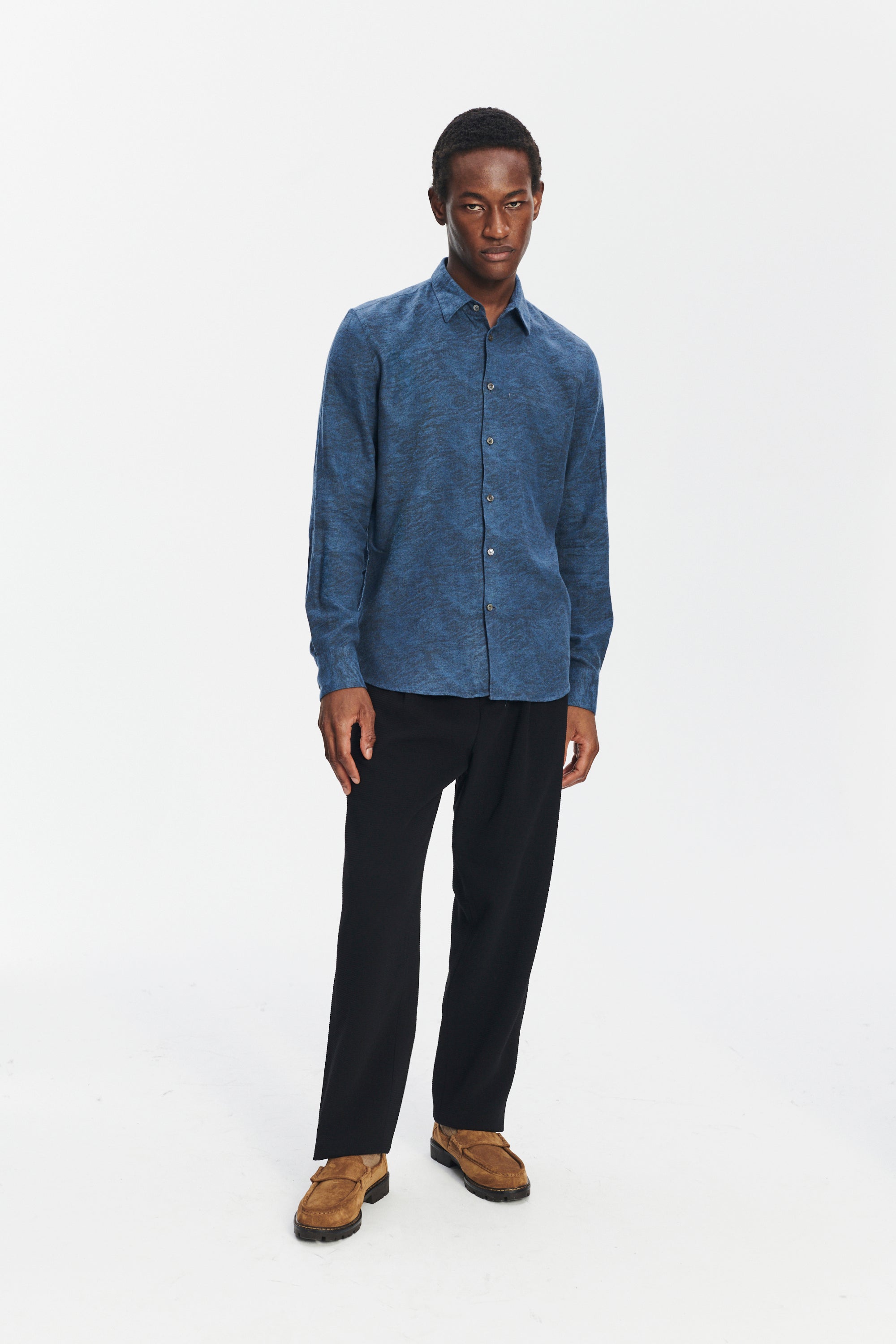 Feel Good Shirt in an Indigo Navy Blue and Black Soft Jacquard Italian Cotton and Lyocell Flannel