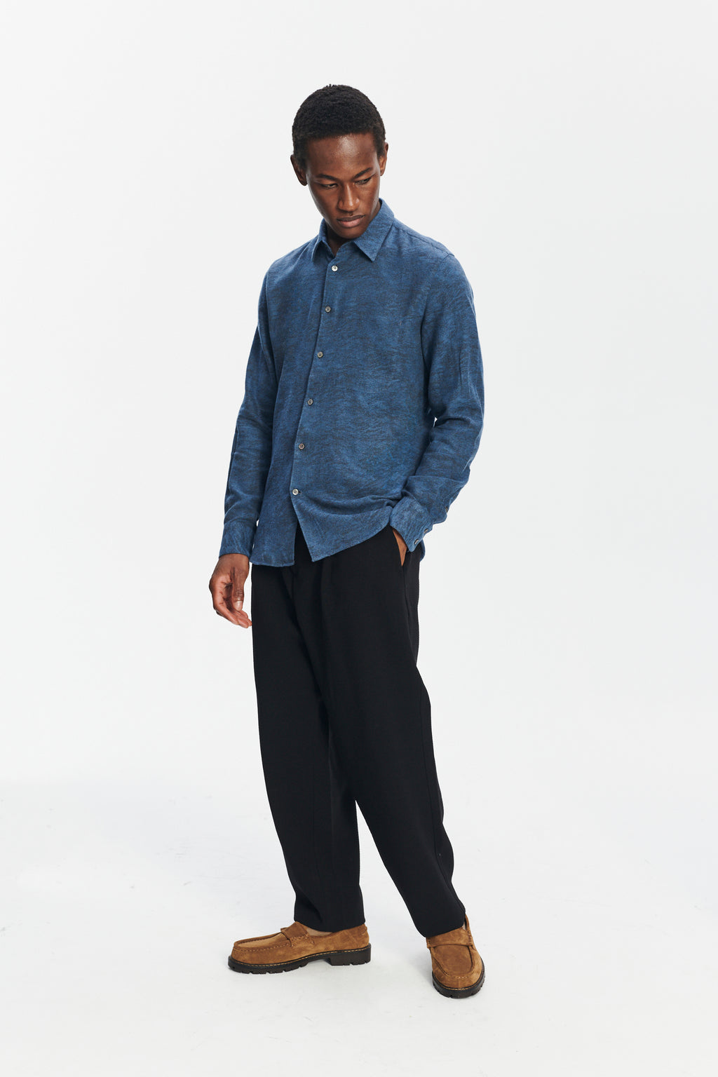 Feel Good Shirt in an Indigo Navy Blue and Black Soft Jacquard Italian Cotton and Lyocell Flannel