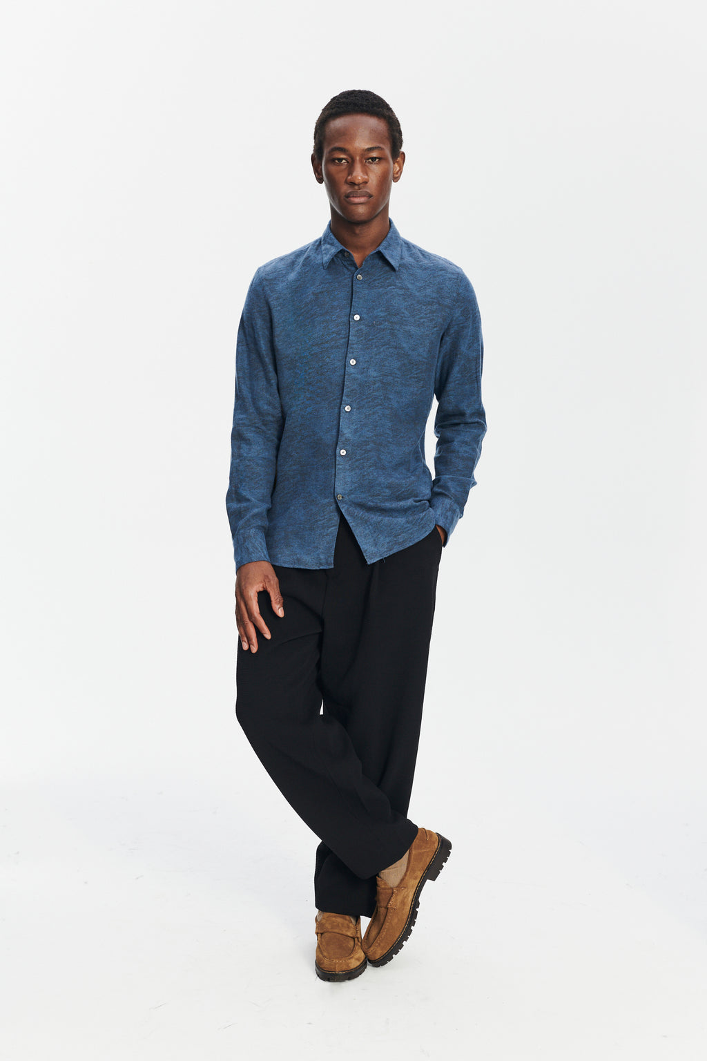 Feel Good Shirt in an Indigo Navy Blue and Black Soft Jacquard Italian Cotton and Lyocell Flannel