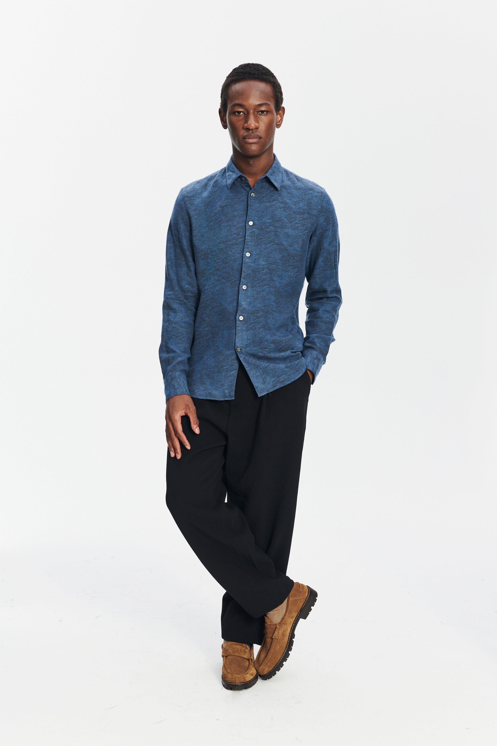 Feel Good Shirt in an Indigo Navy Blue and Black Soft Jacquard Italian Cotton and Lyocell Flannel