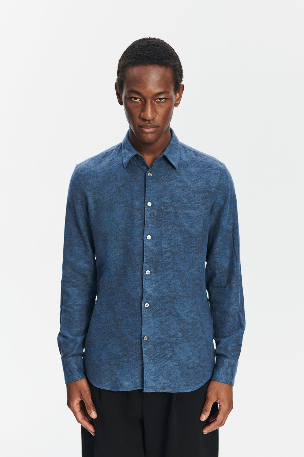 Feel Good Shirt in an Indigo Navy Blue and Black Soft Jacquard Italian Cotton and Lyocell Flannel