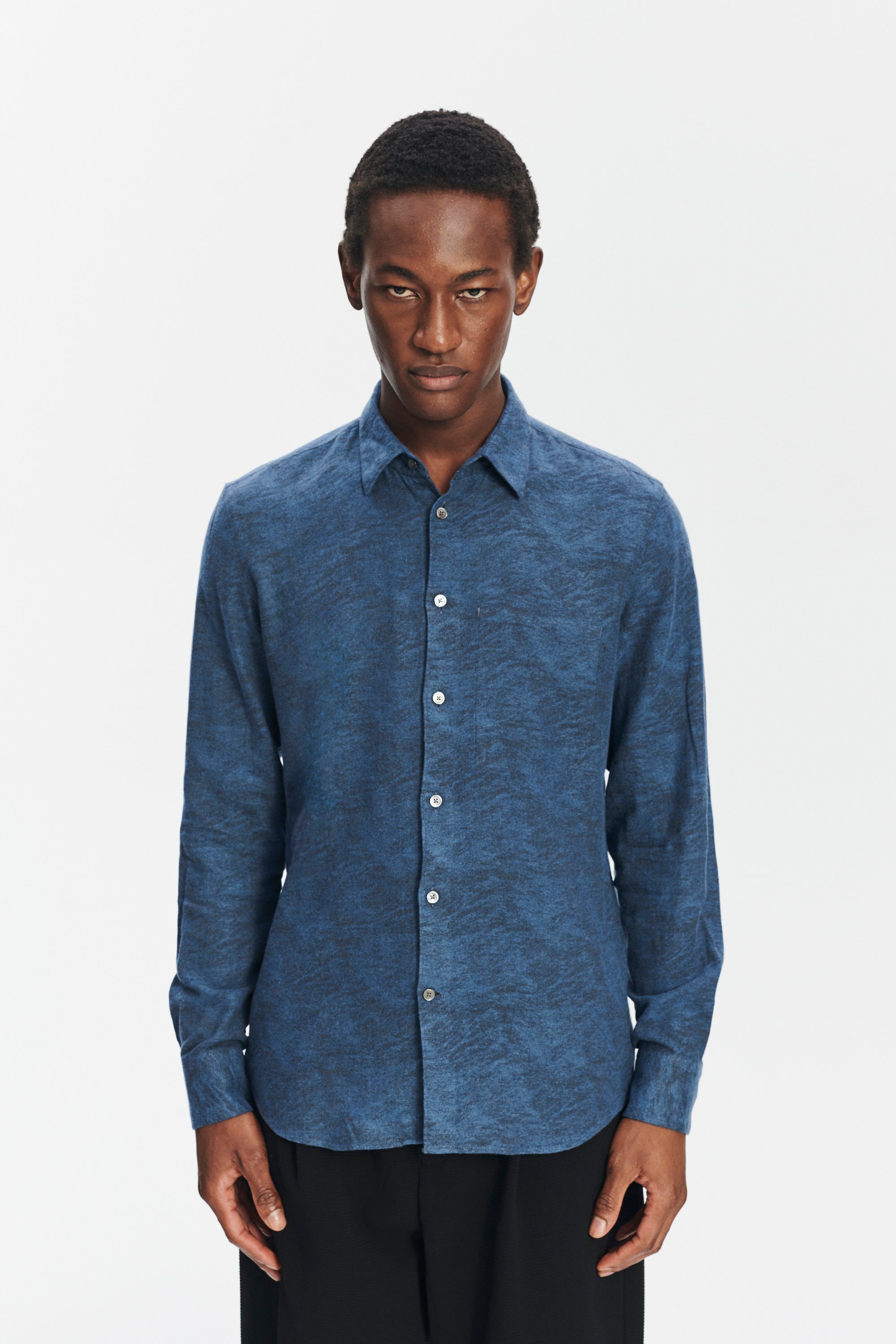 Feel Good Shirt in an Indigo Navy Blue and Black Soft Jacquard Italian Cotton and Lyocell Flannel