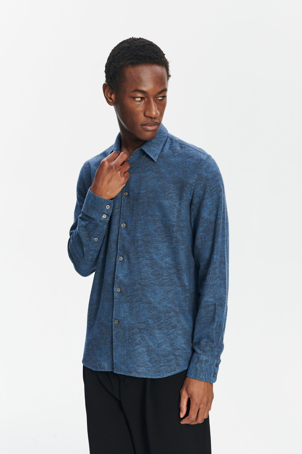 Feel Good Shirt in an Indigo Navy Blue and Black Soft Jacquard Italian Cotton and Lyocell Flannel